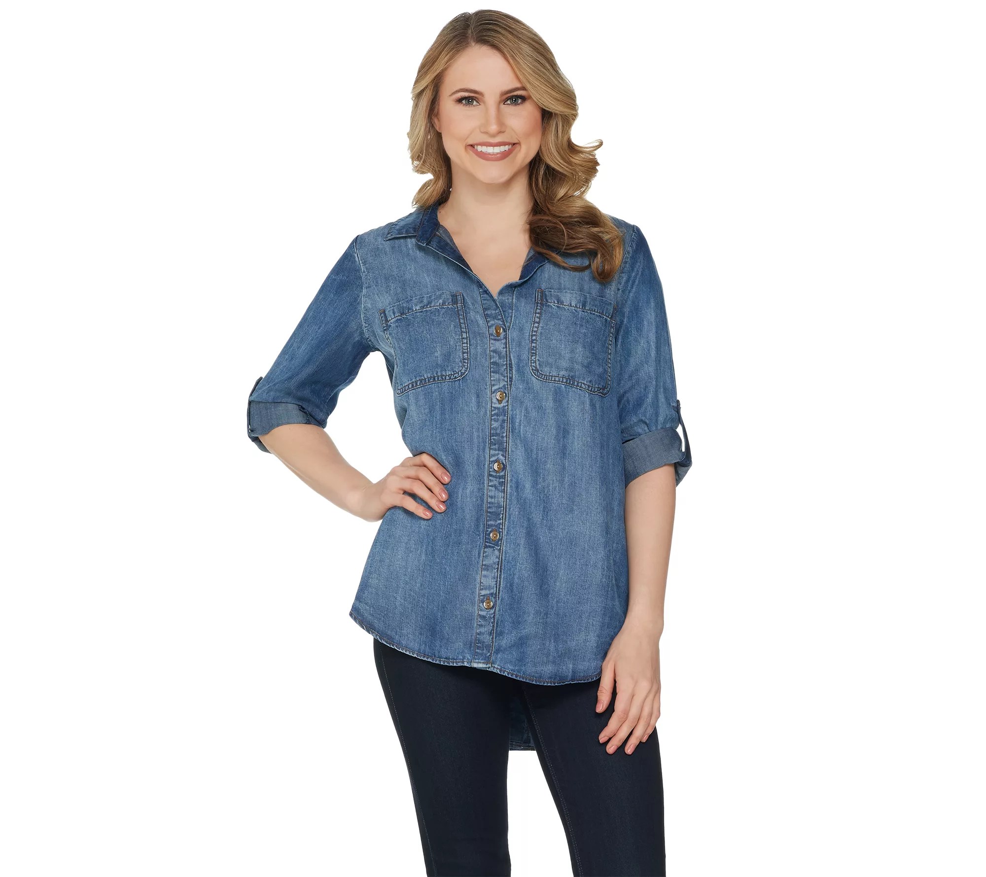 Side Stitch Tencera Button Front Long Sleeve RollTab Top