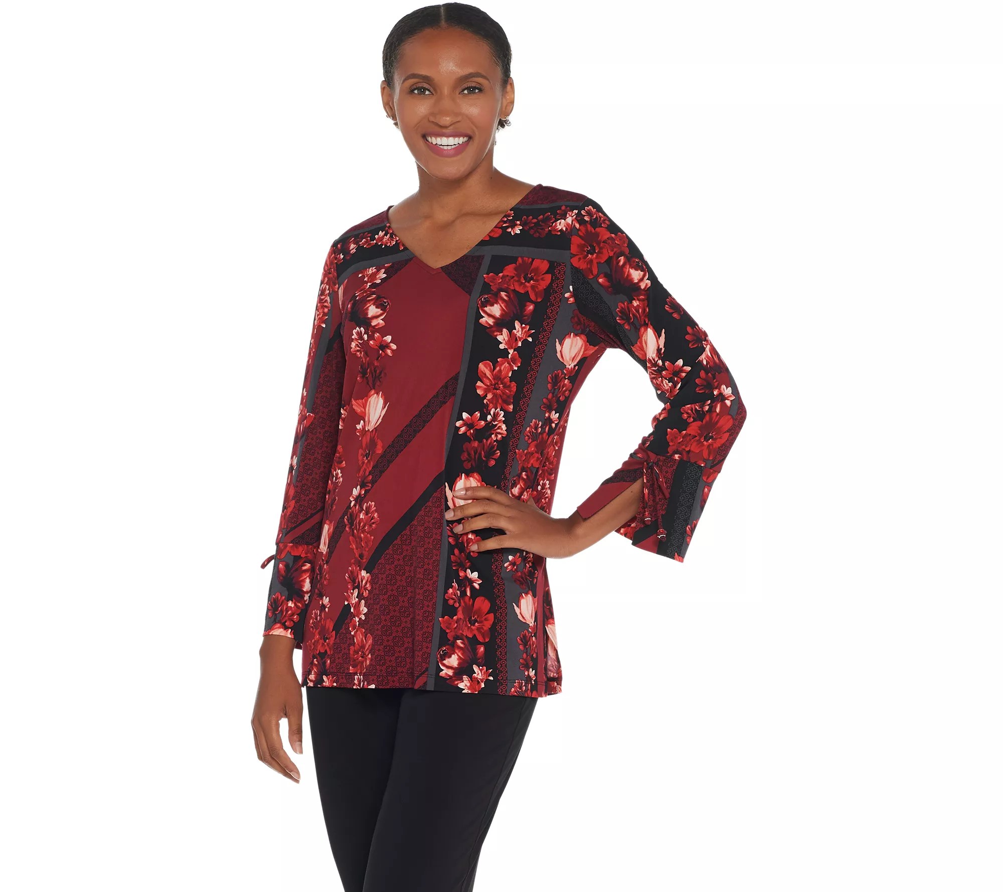 "As Is" Susan Graver Printed Liquid Knit Tunic with Tie Sleeves