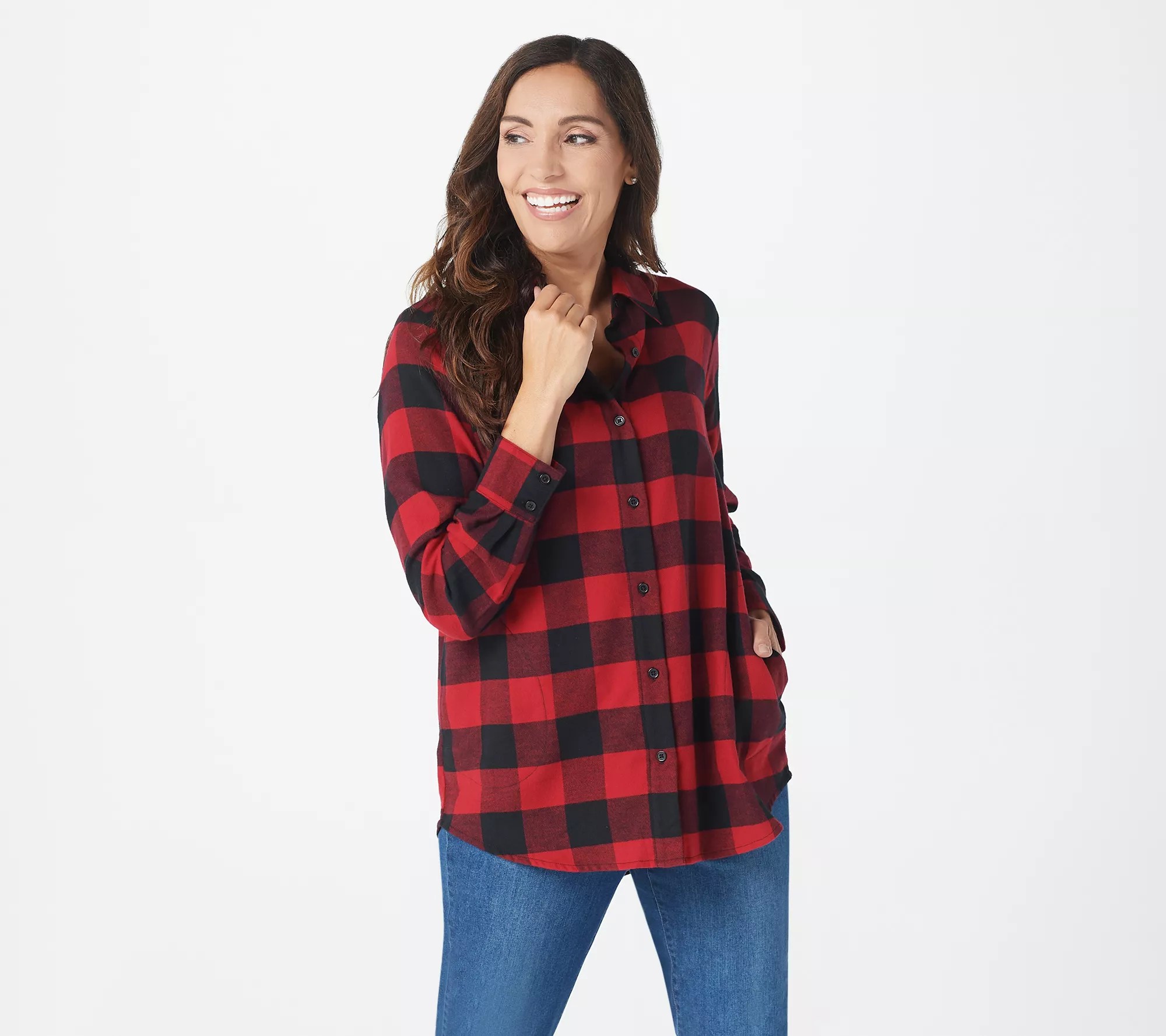Joan Rivers Brushed Flannel Buffalo Check Boyfriend Shirt