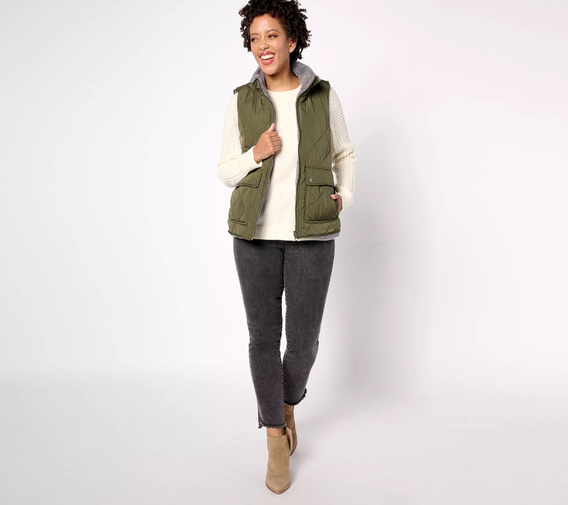 Weatherproof Reversible Quilted Vest to Cozy Sherpa