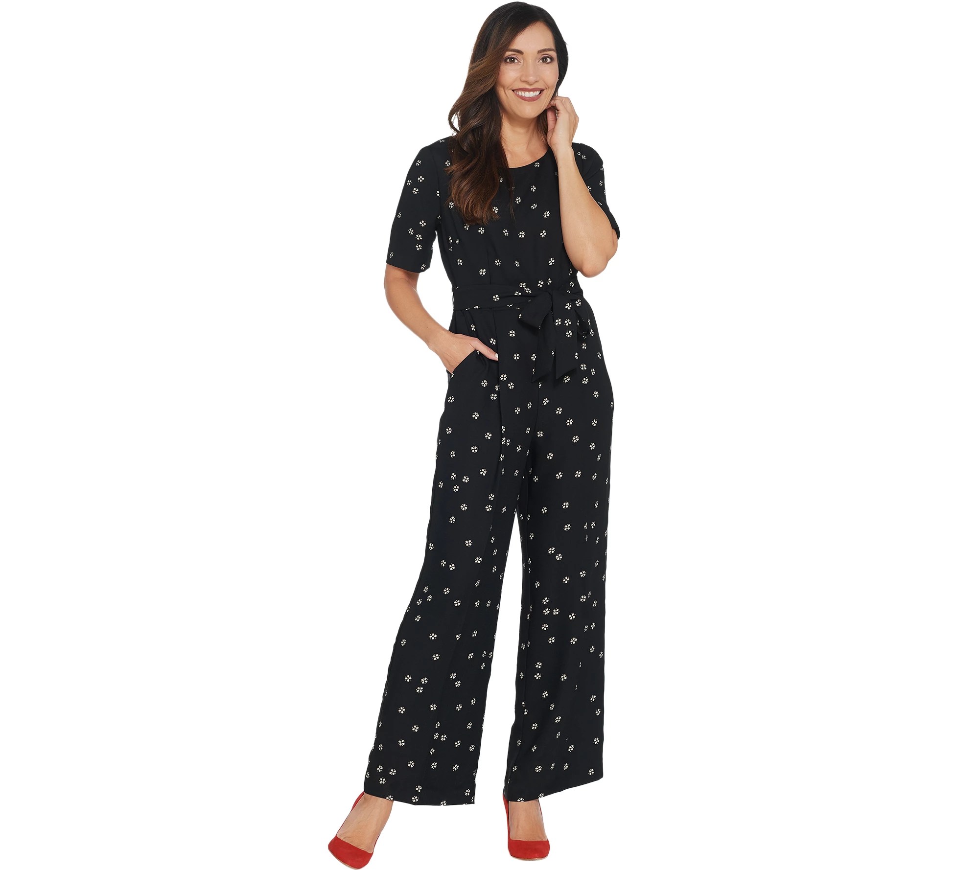 Vince Camuto Elbow Sleeve Ditsy ReSet Belted Jumpsuit