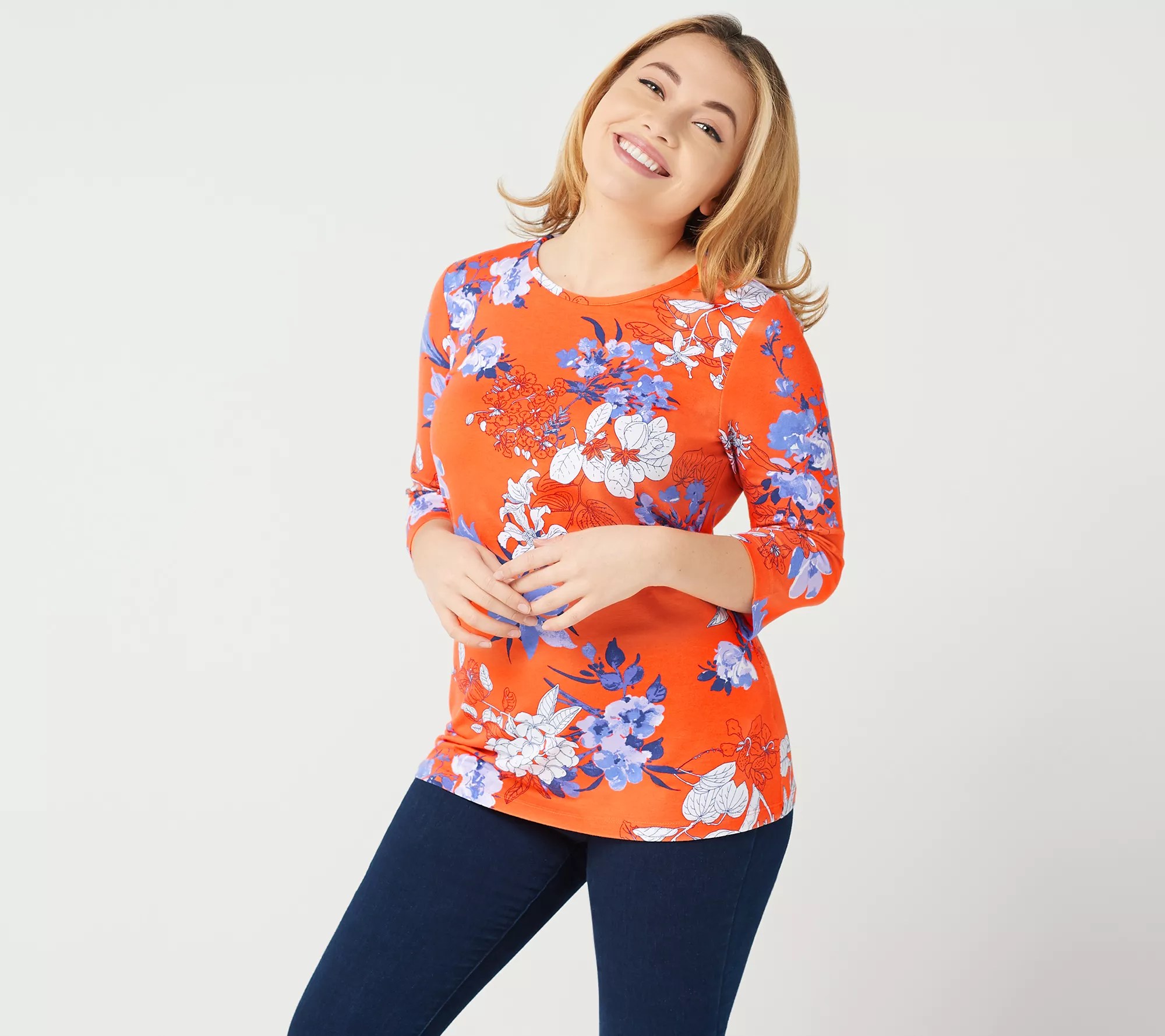 Denim & Co. Floral Print RoundNeck 3/4Sleeve Top