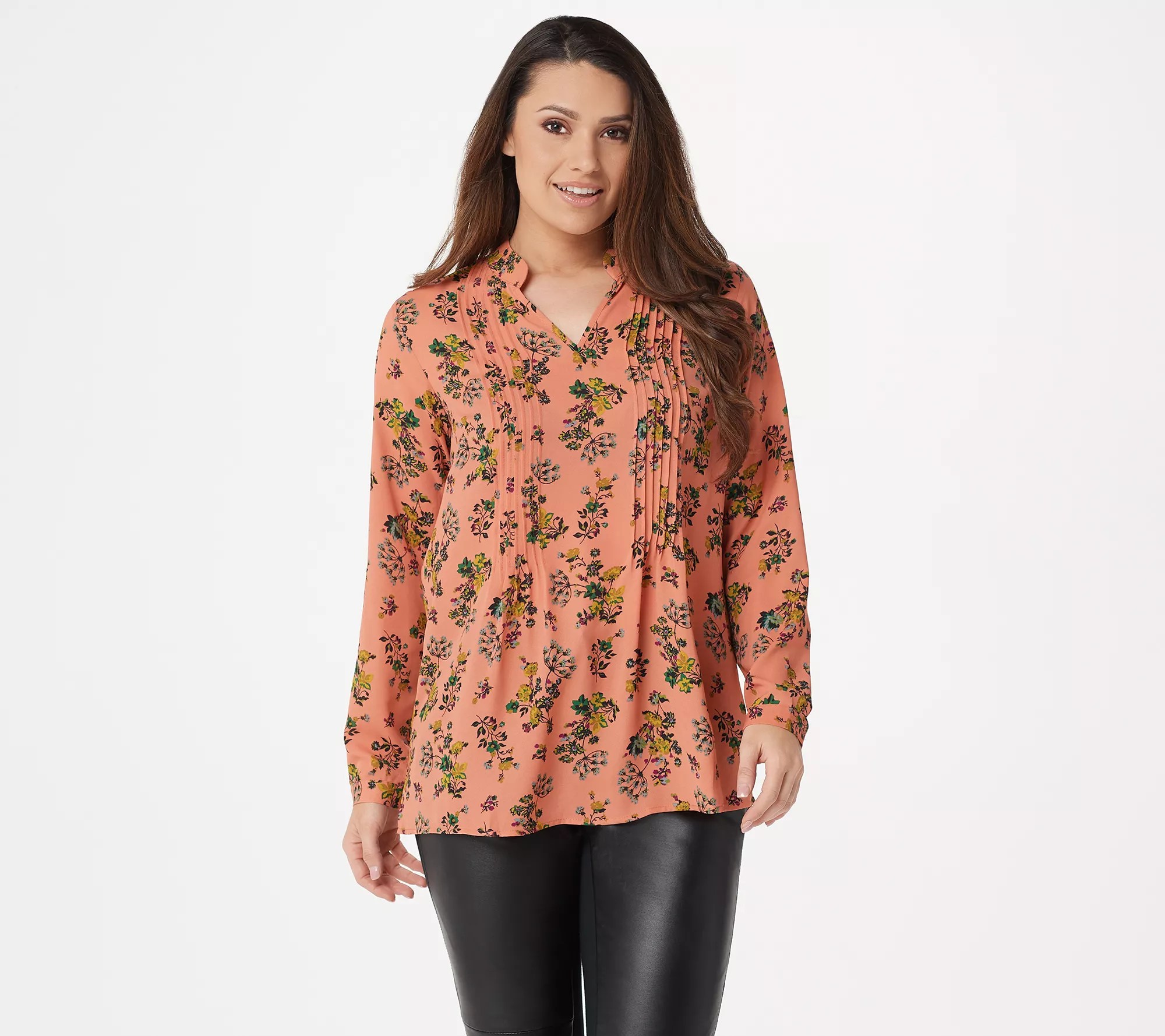 Joan Rivers Floral Print VNeck Pleated Blouse Pleating