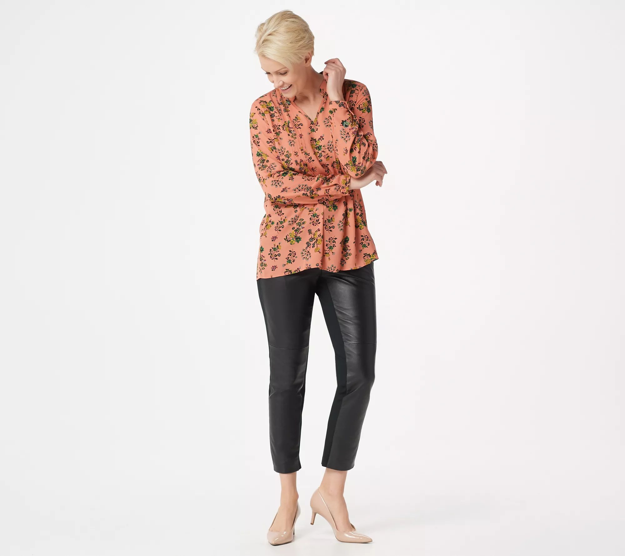 Joan Rivers Floral Print VNeck Pleated Blouse Pleating