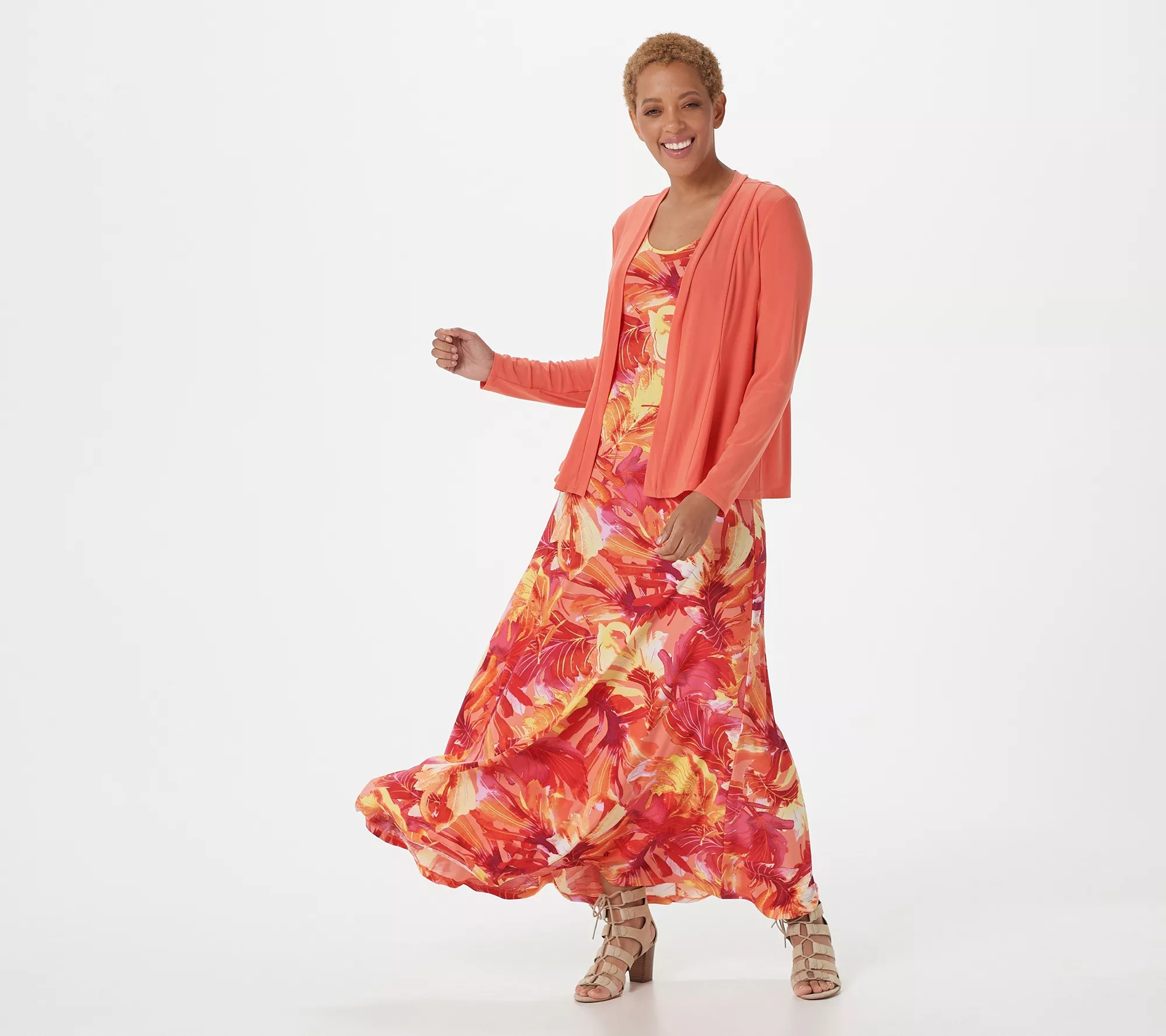 Attitudes by Renee Petite Como Jersey Printed Maxi Dress w/ Shrug