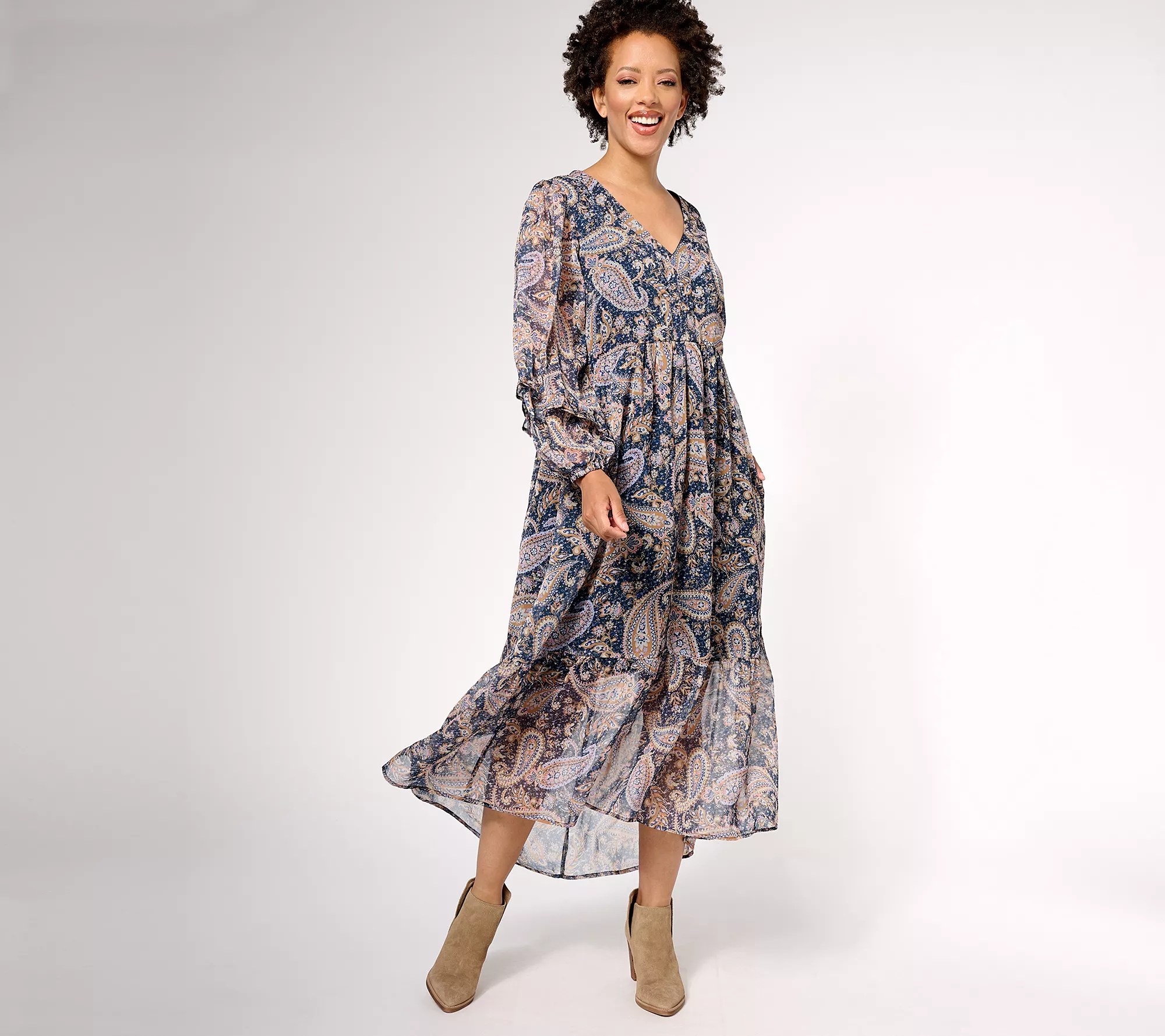 Destination 365 Regular Printed Chiffon Vneck Long Sleeve Dress