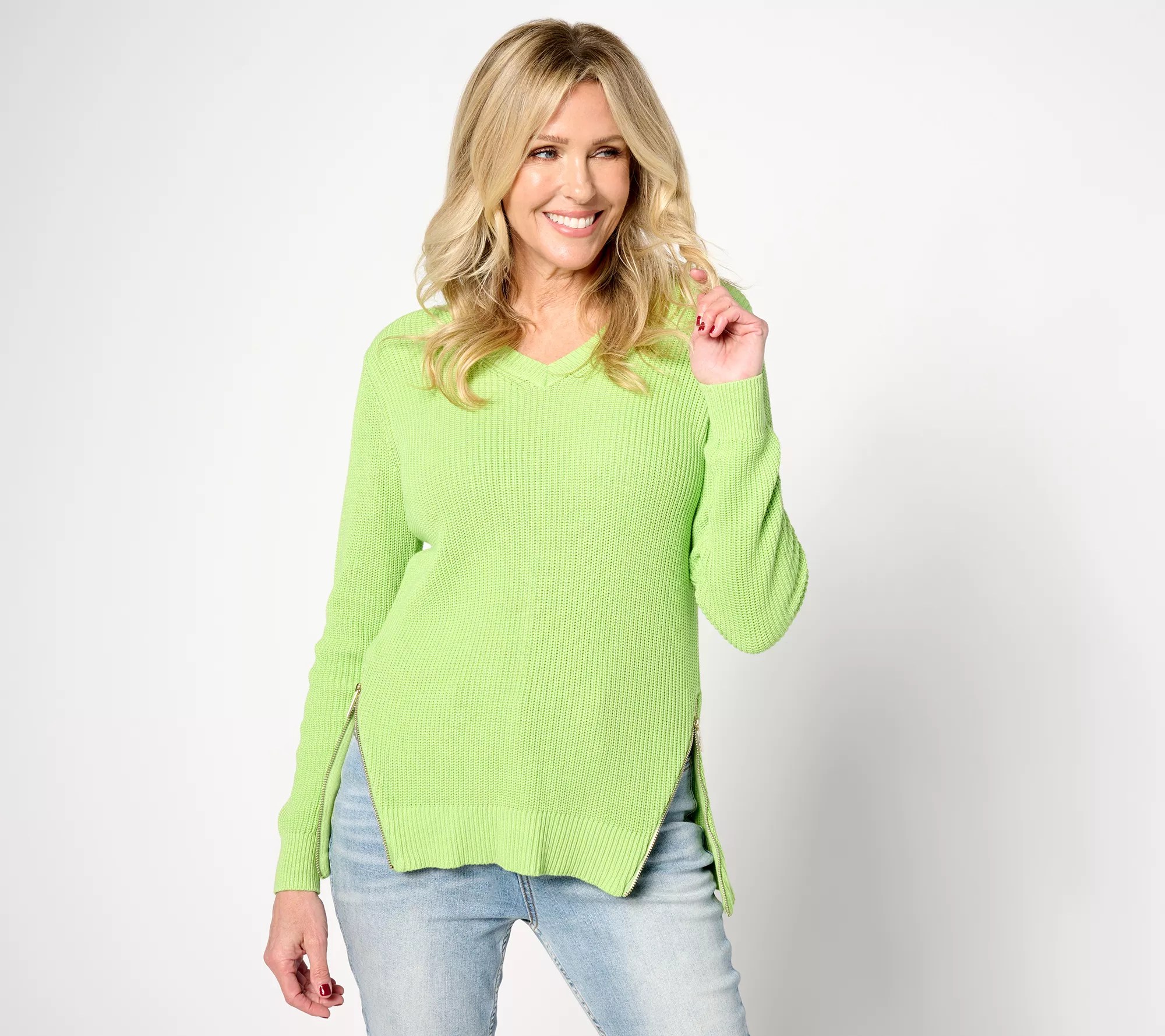Belle by Kim Gravel Diagonal Signature Zip Shaker Knit Sweater - QVC.com
