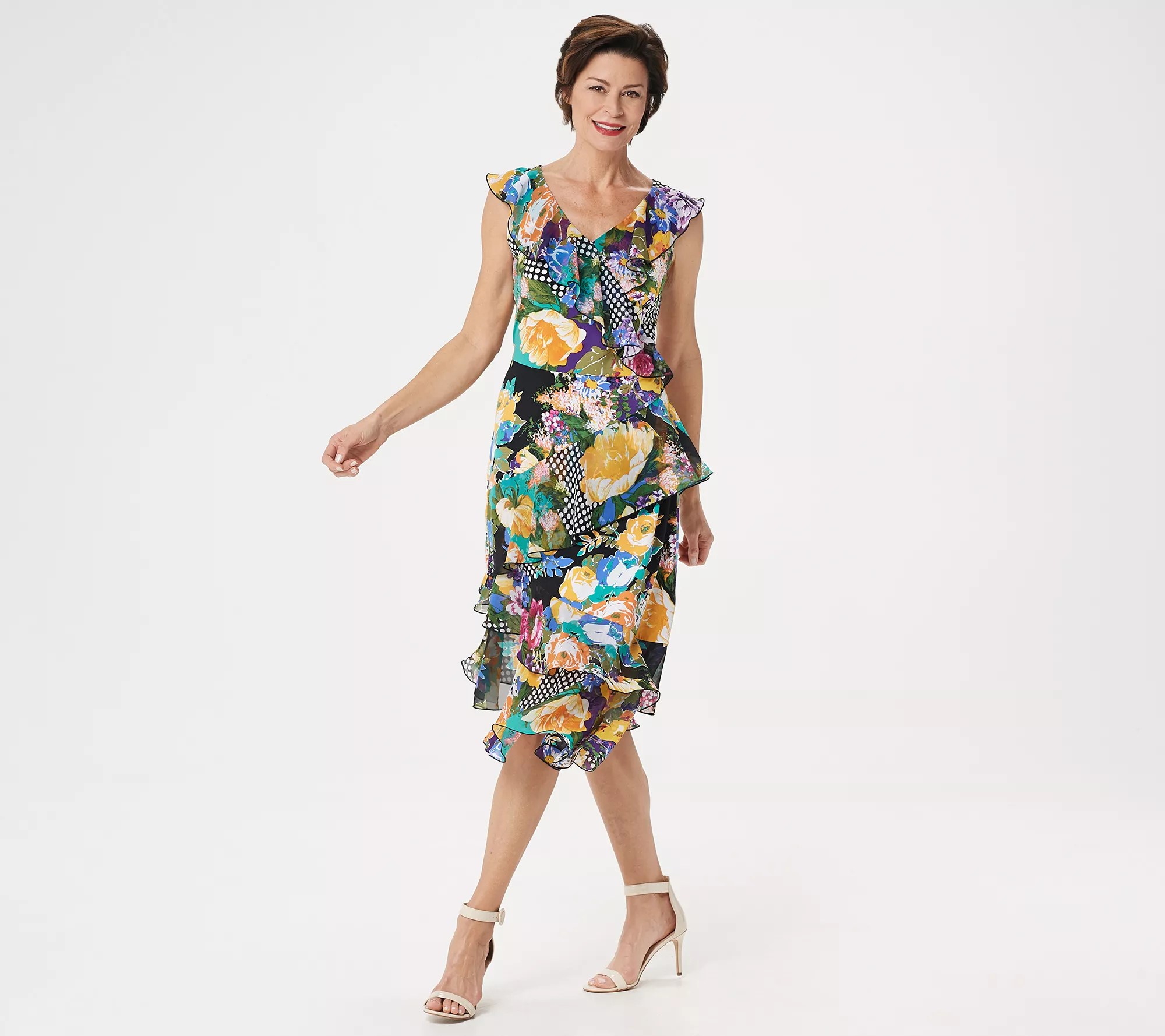 "As Is" Susan Graver Printed Liquid Knit Dress w/ Sheer Chiffon Ruffles