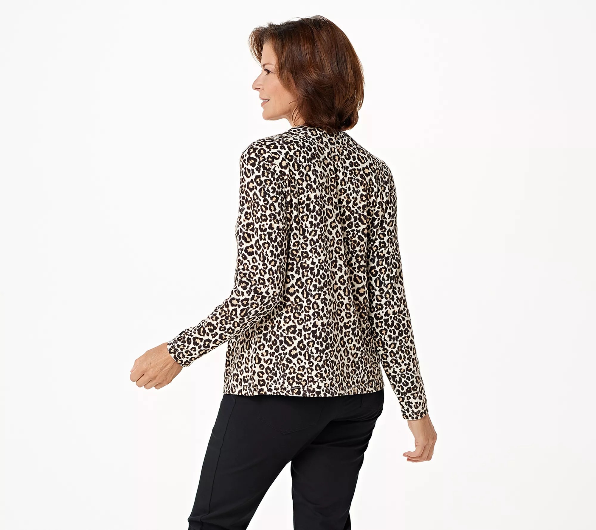 Quacker Factory Soft Knit Animal Print Cardigan with Rhinestone Snap