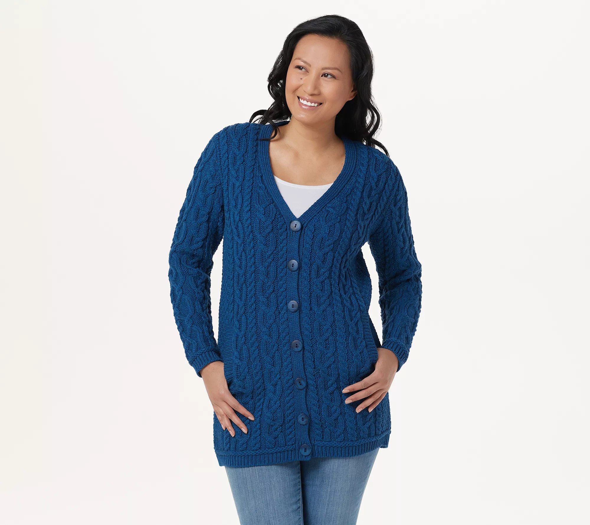 "As Is" Aran Craft Merino Wool Long VNeck Button Front Cardigan