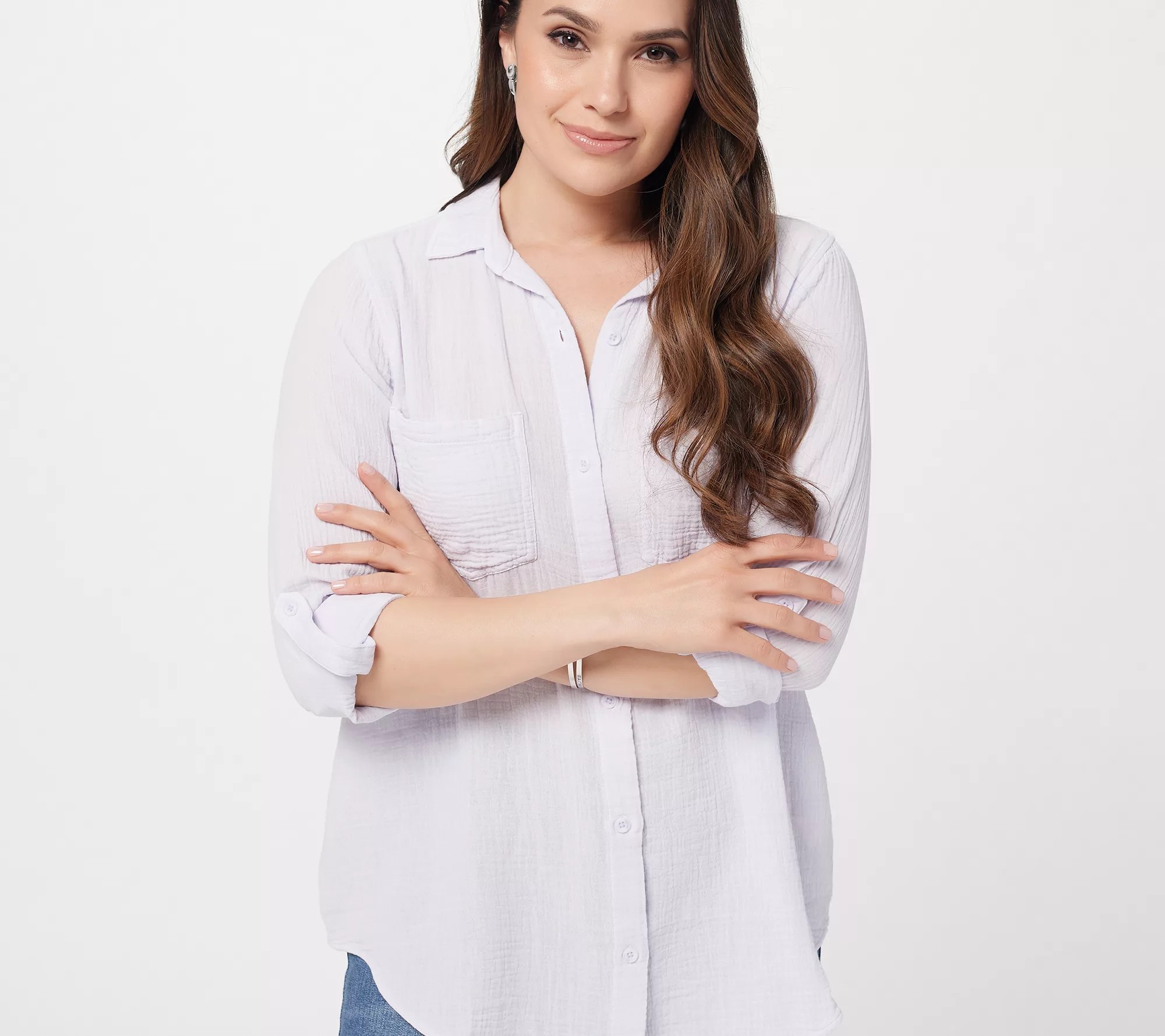 Side Stitch Regular Plush Crinkle Gauze Button Front Tunic