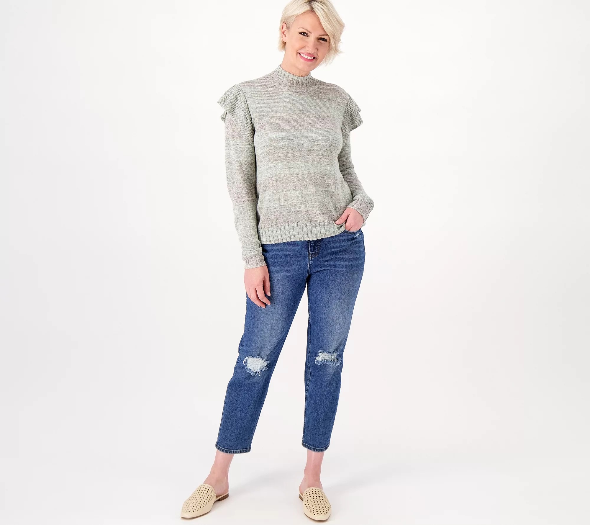 Candace Cameron Bure Ruffle Shoulder MockNeck Sweater