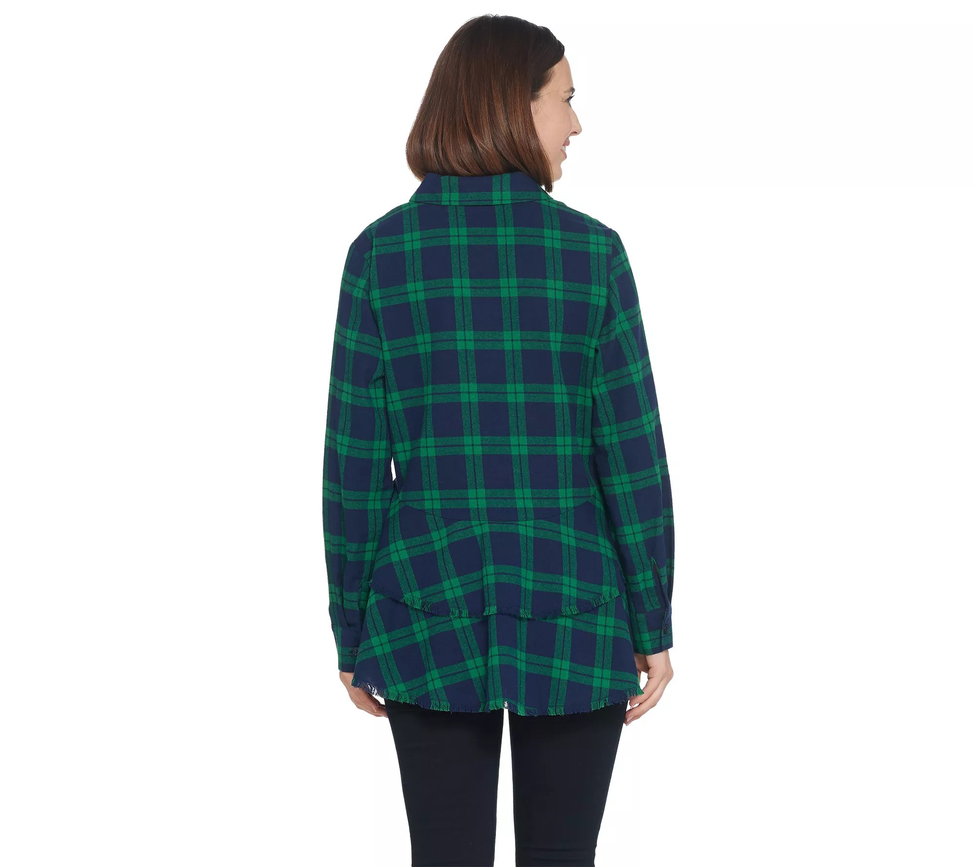 Joan Rivers Plaid Peplum Shirt with Fringe Hem