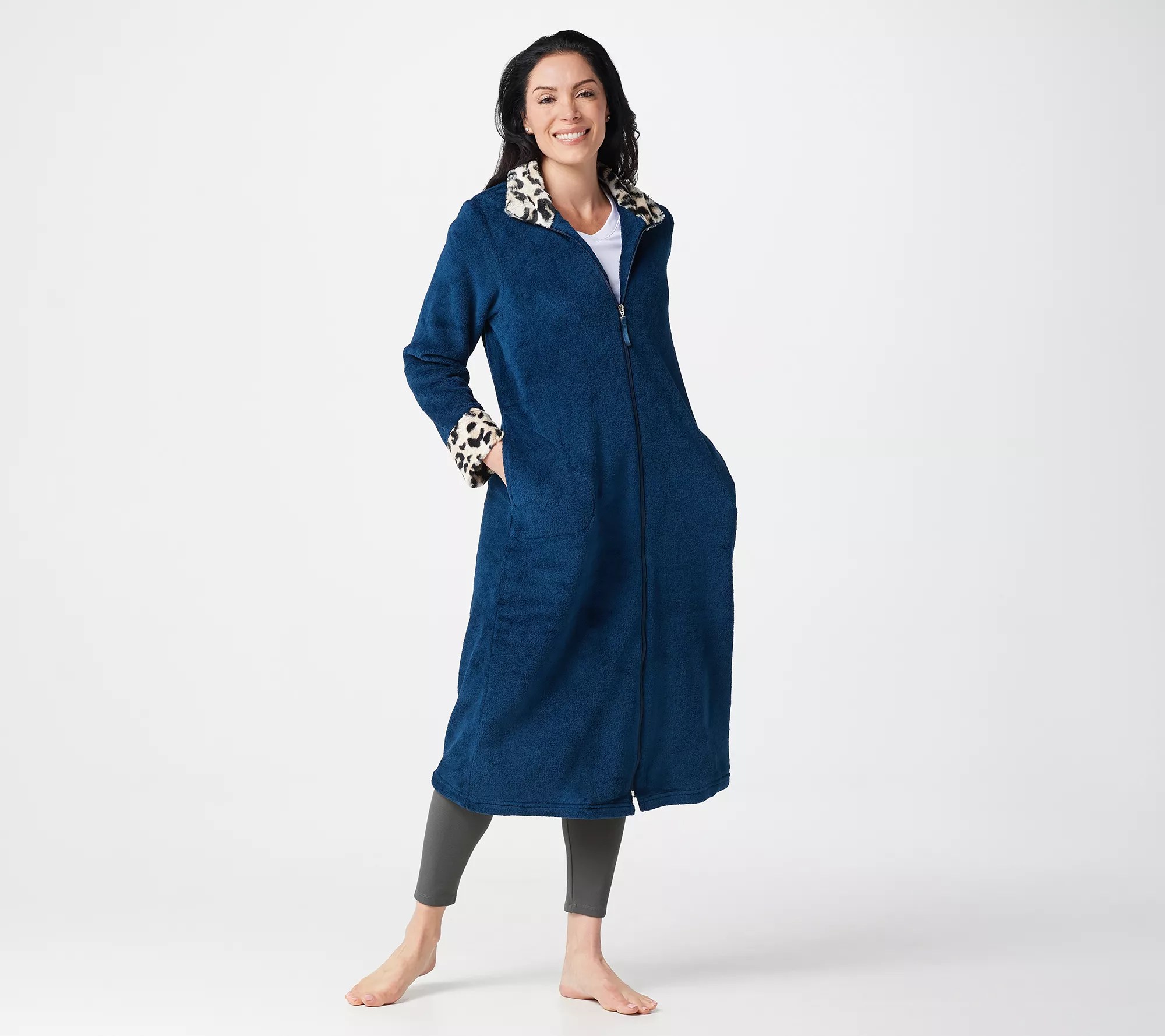 Stan Herman Classic Plush Full Zip Robe with Faux Fur Trim