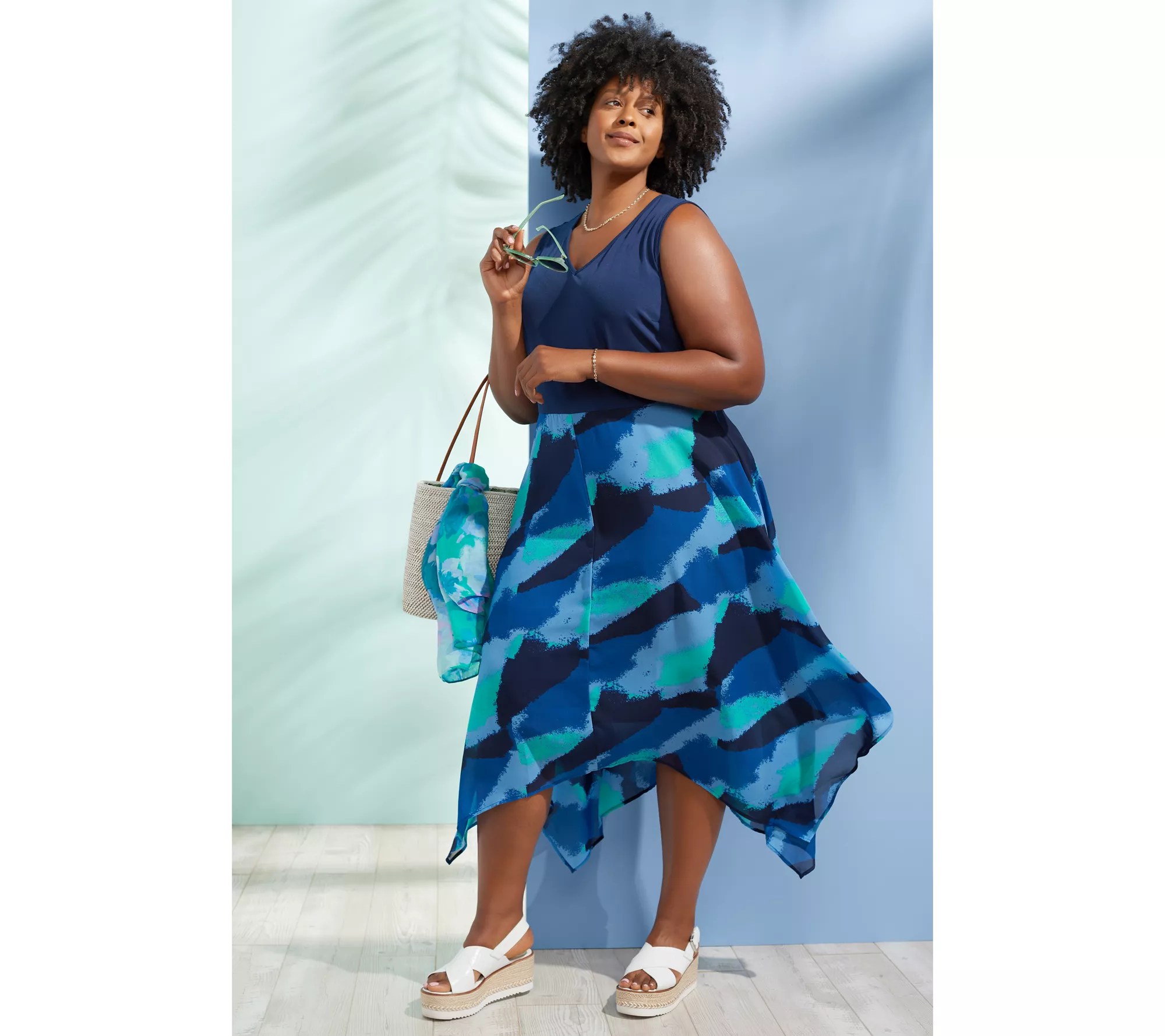 Truth + Style Petite Mix Media Printed Chiffon Midi Dress