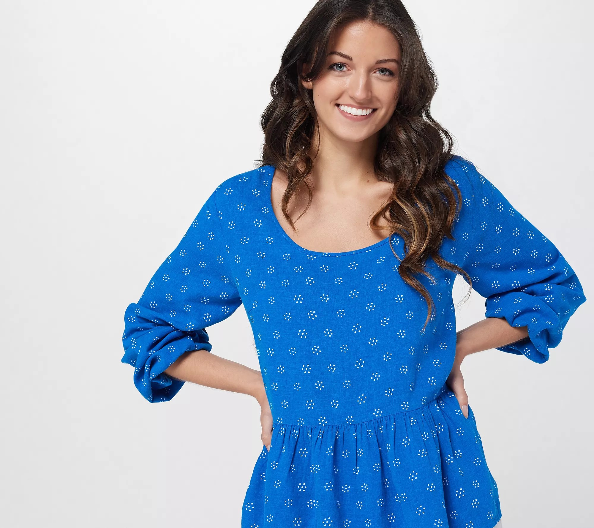 Candace Cameron Bure Printed Linen Blend Peplum Blouse