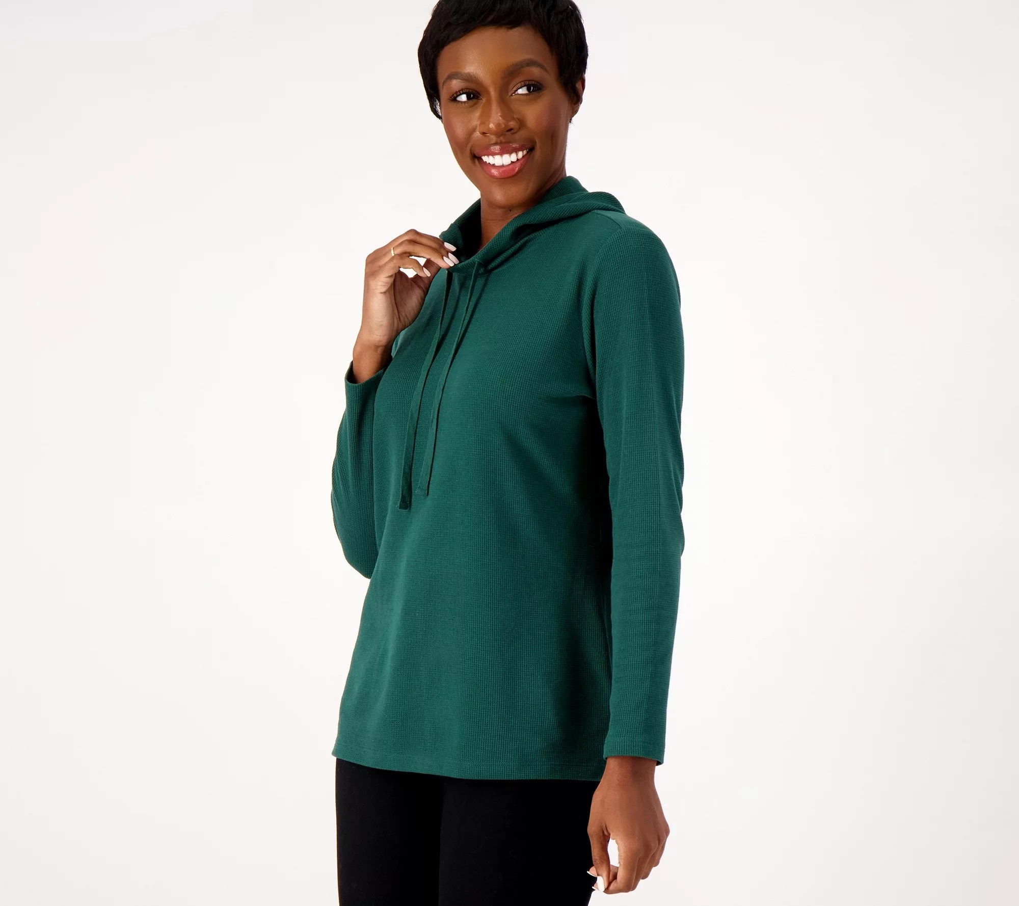 Denim & Co. Essentials Petite Waffle Knit Hooded Tunic