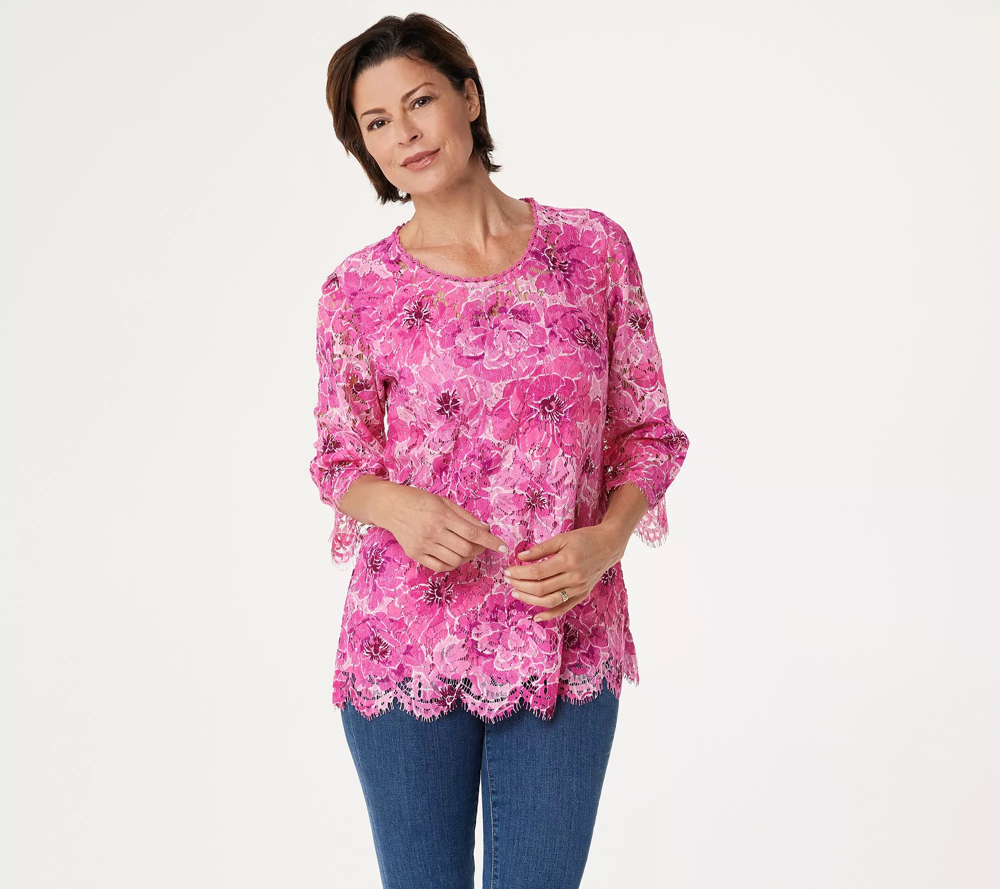 Isaac Mizrahi Live! Floral Printed Lace 3/4Sleeve Knit Top