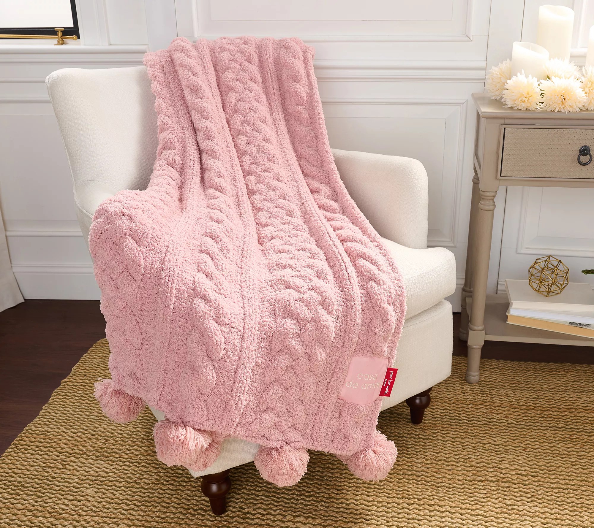 Peace Love World 70x60 Pom Pom Cable Knit Blanket