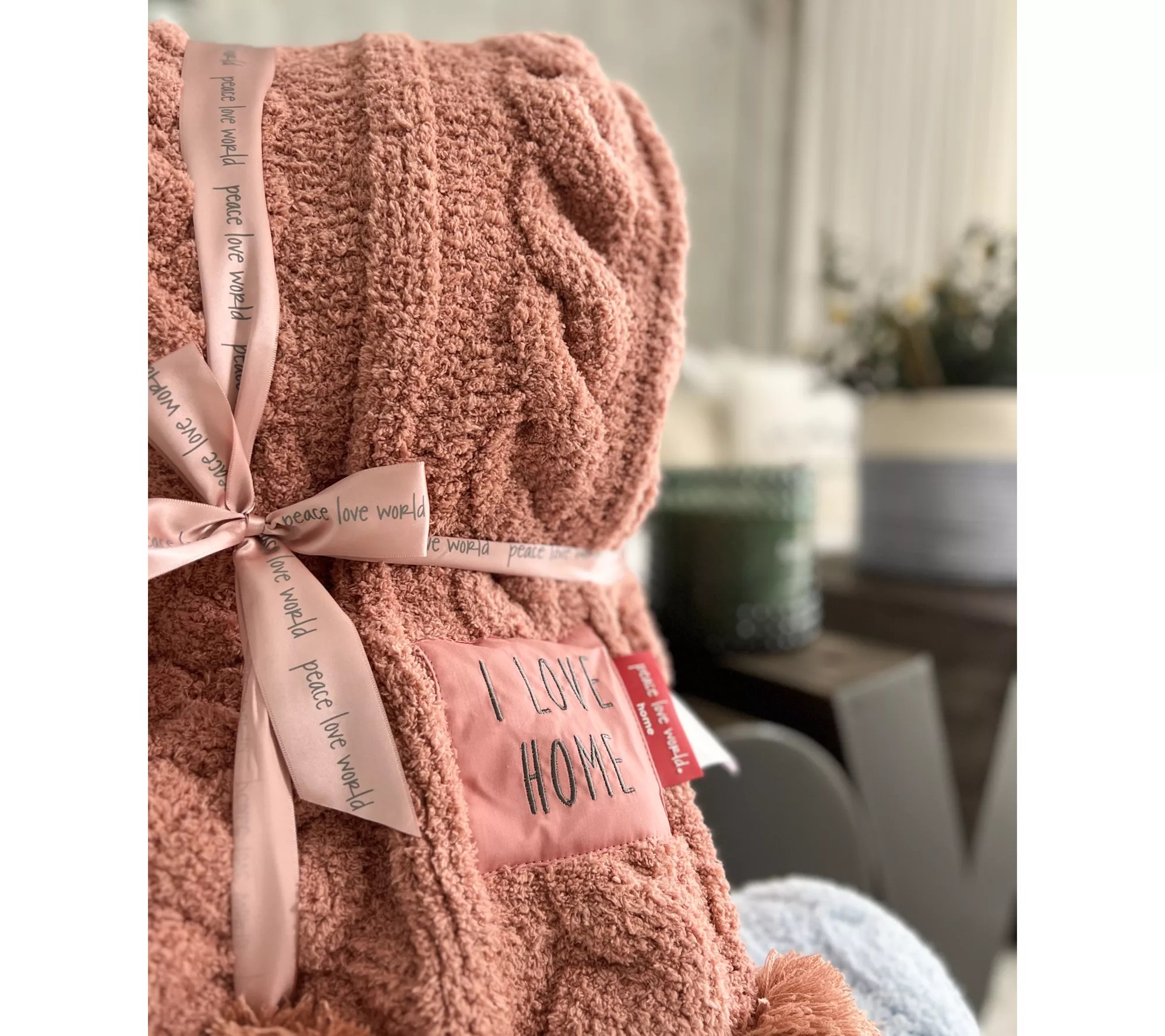 Peace Love World 70x60 Pom Pom Cable Knit Blanket