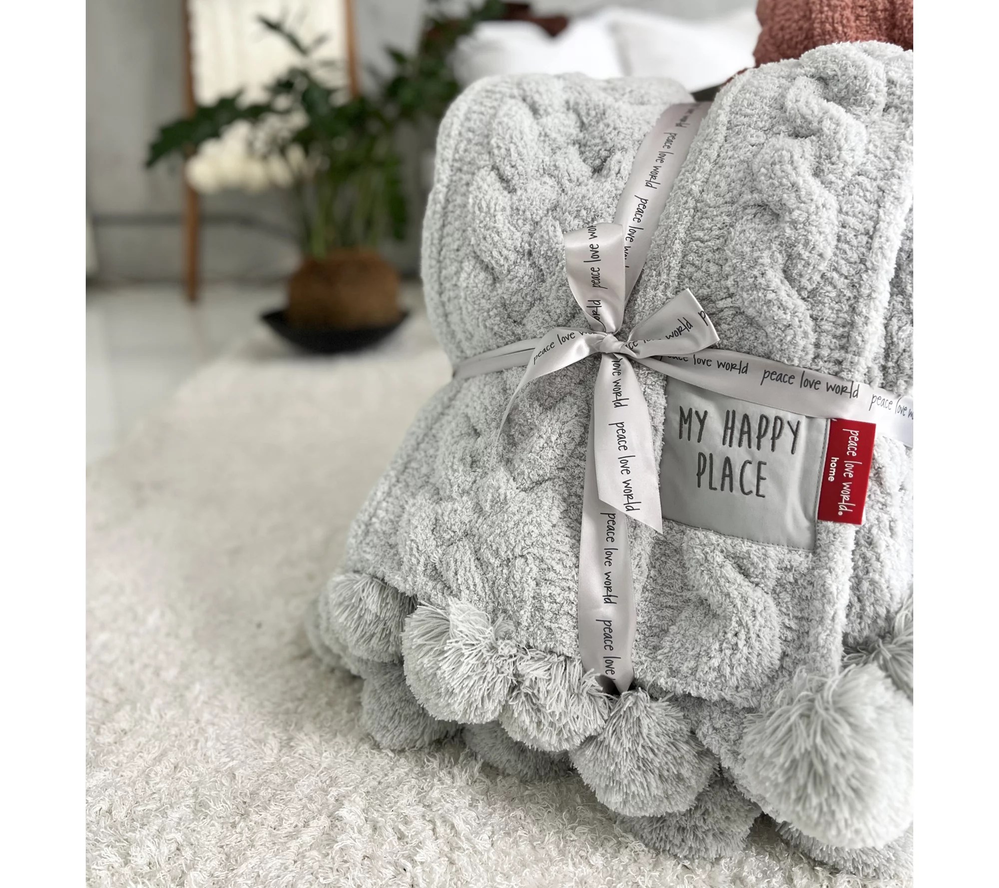 Peace Love World 70x60 Pom Pom Cable Knit Blanket