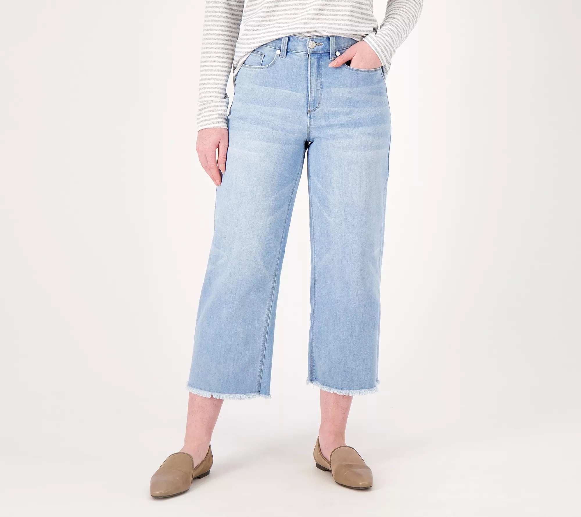 Susan Graver Regular Wide Leg Crop Jean with Frayed Hem