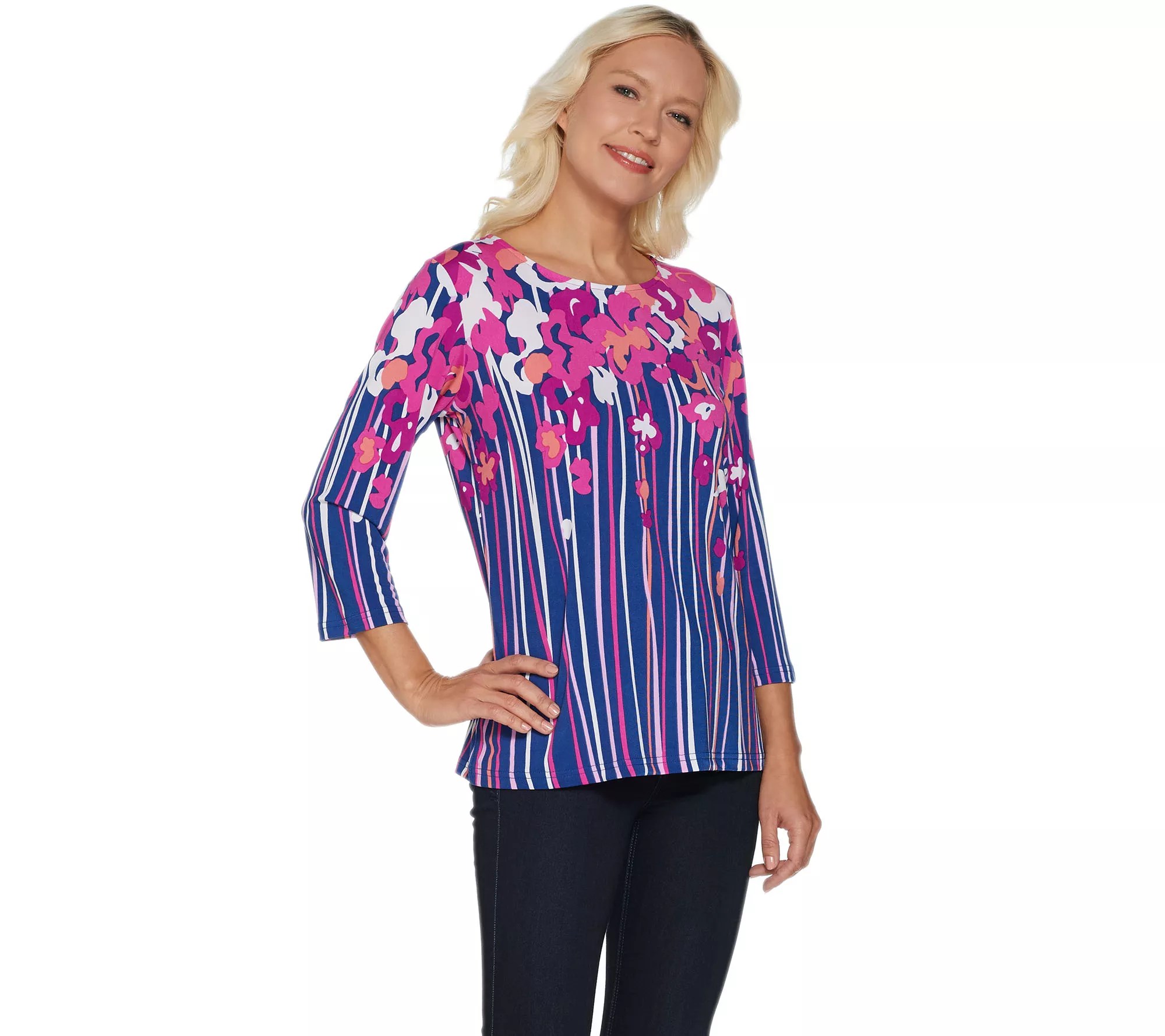 Bob Mackie Floral Print 3/4 Sleeve Jersey Knit Top