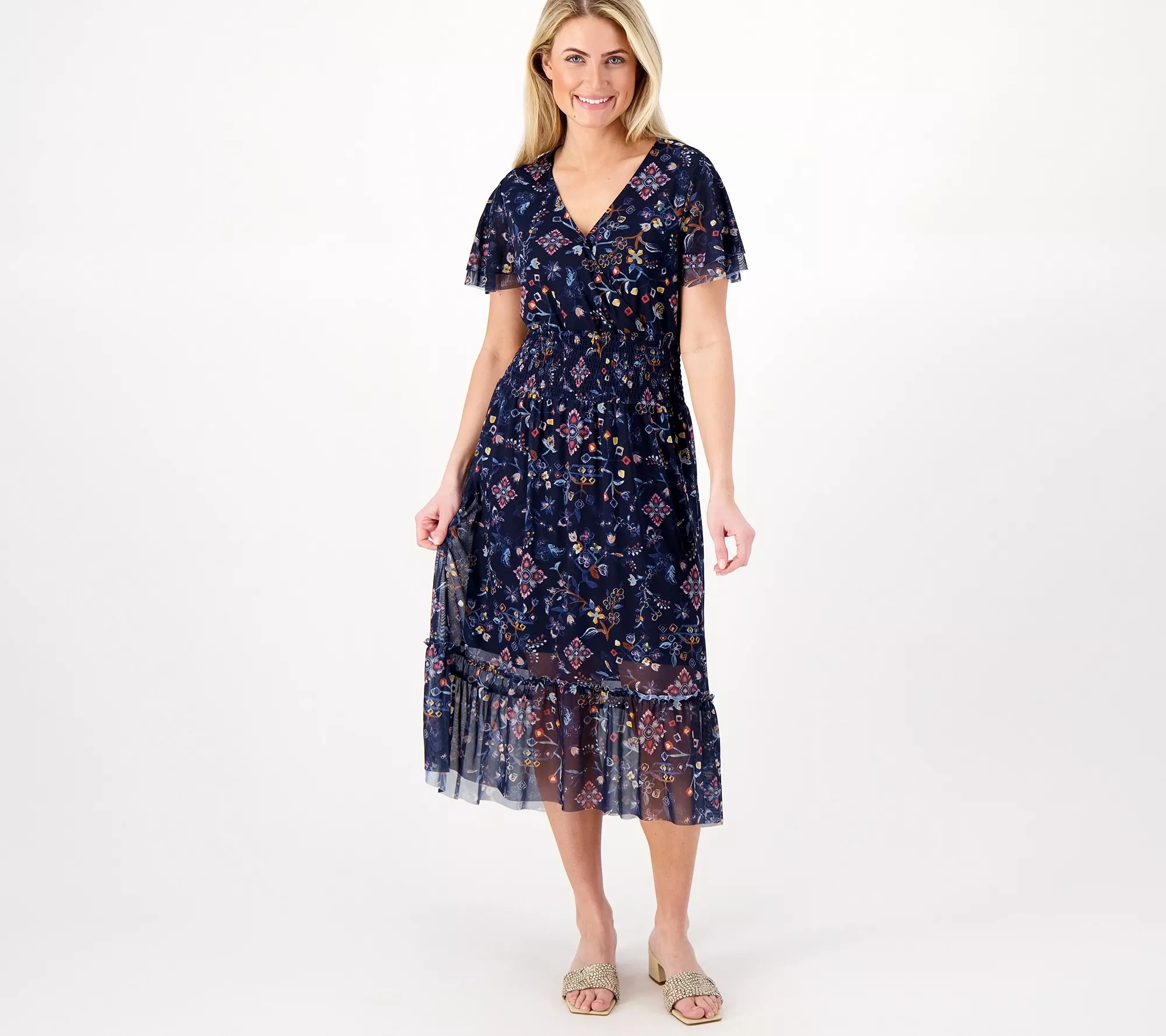 Denim & Co. Canyon Retreat Petite Mesh VNeck Flutter Sleeve Dress