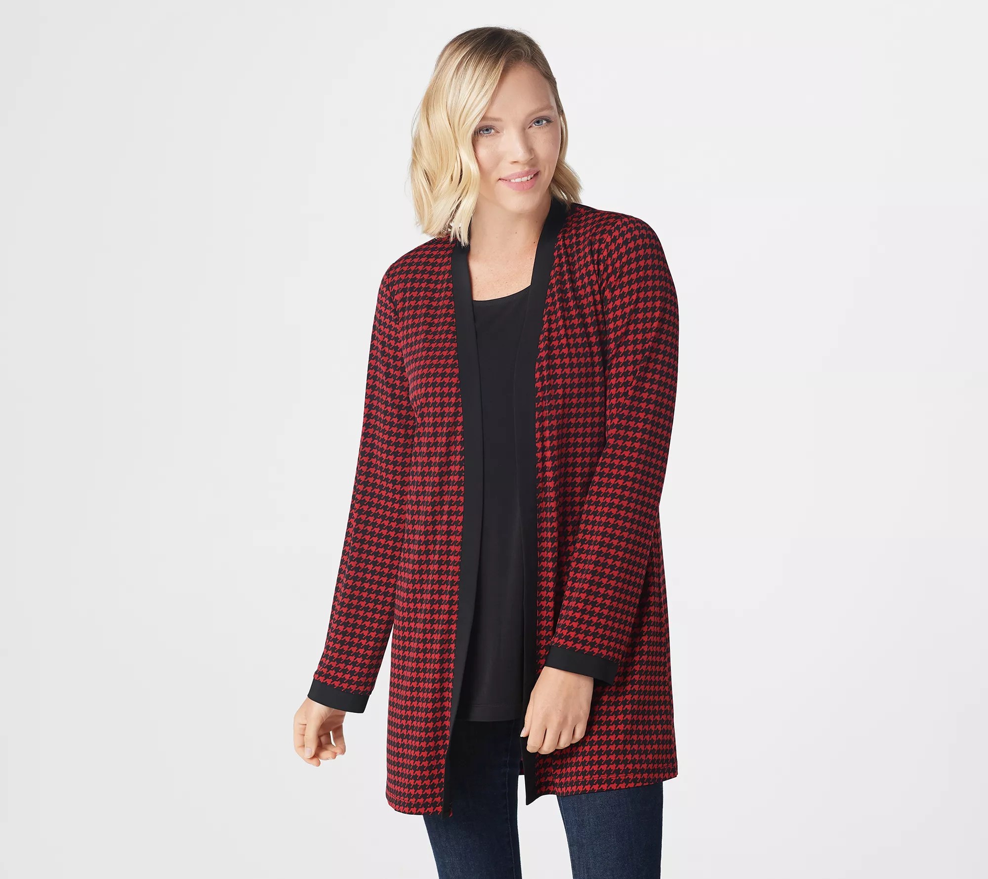 Susan Graver Printed Liquid Knit Cardigan with Solid Trim