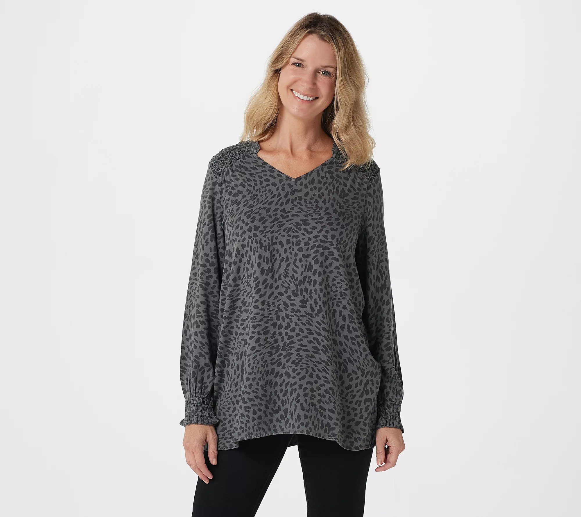 Side Stitch Smocked Yoke Printed Tunic