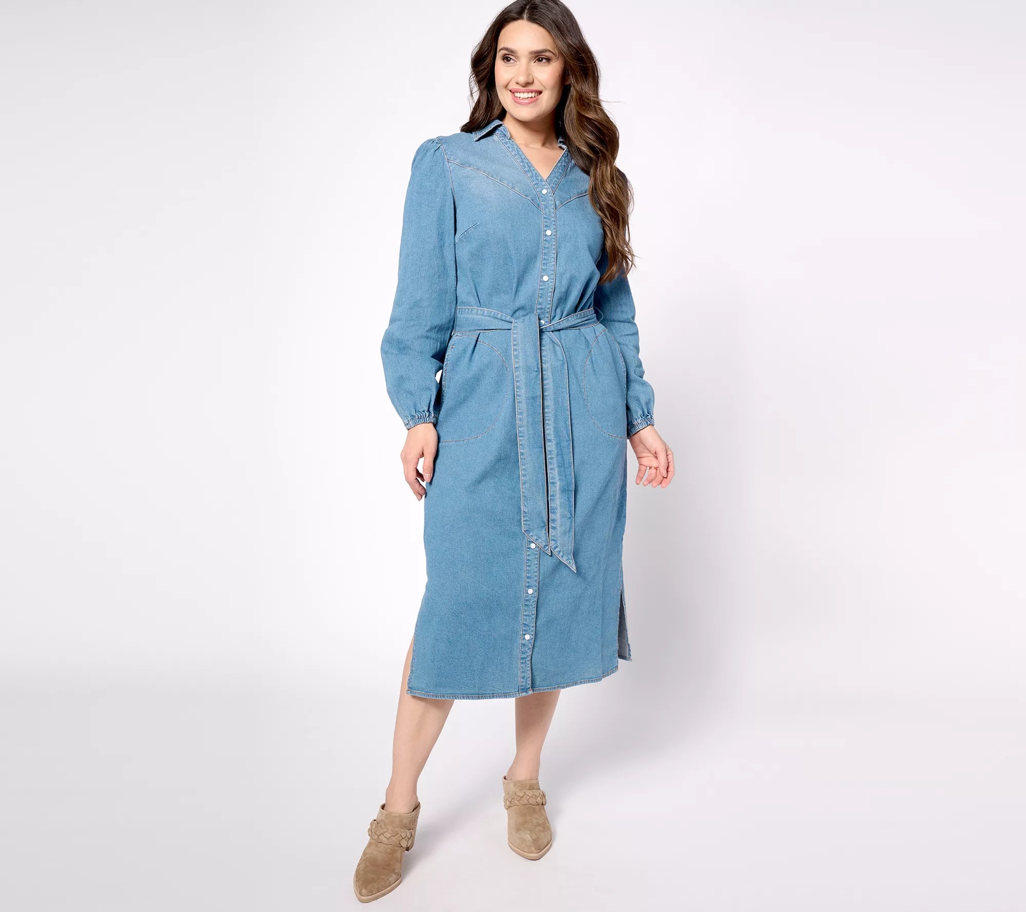 Canyon Retreat Long Sleeve Snap Front Denim Dress with Belt