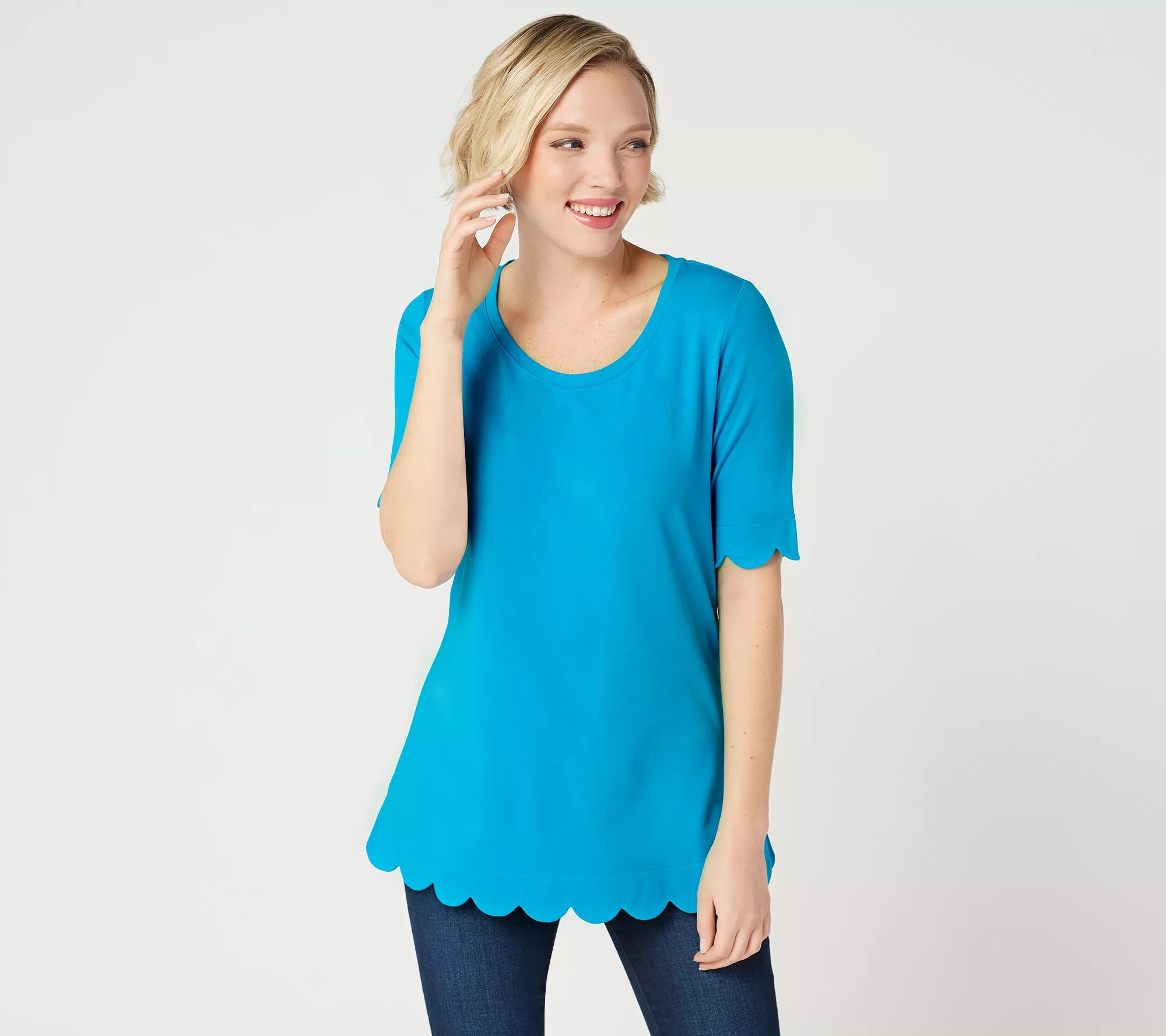 Isaac Mizrahi Live! Elbow Sleeve Scallop Hem Knit Top