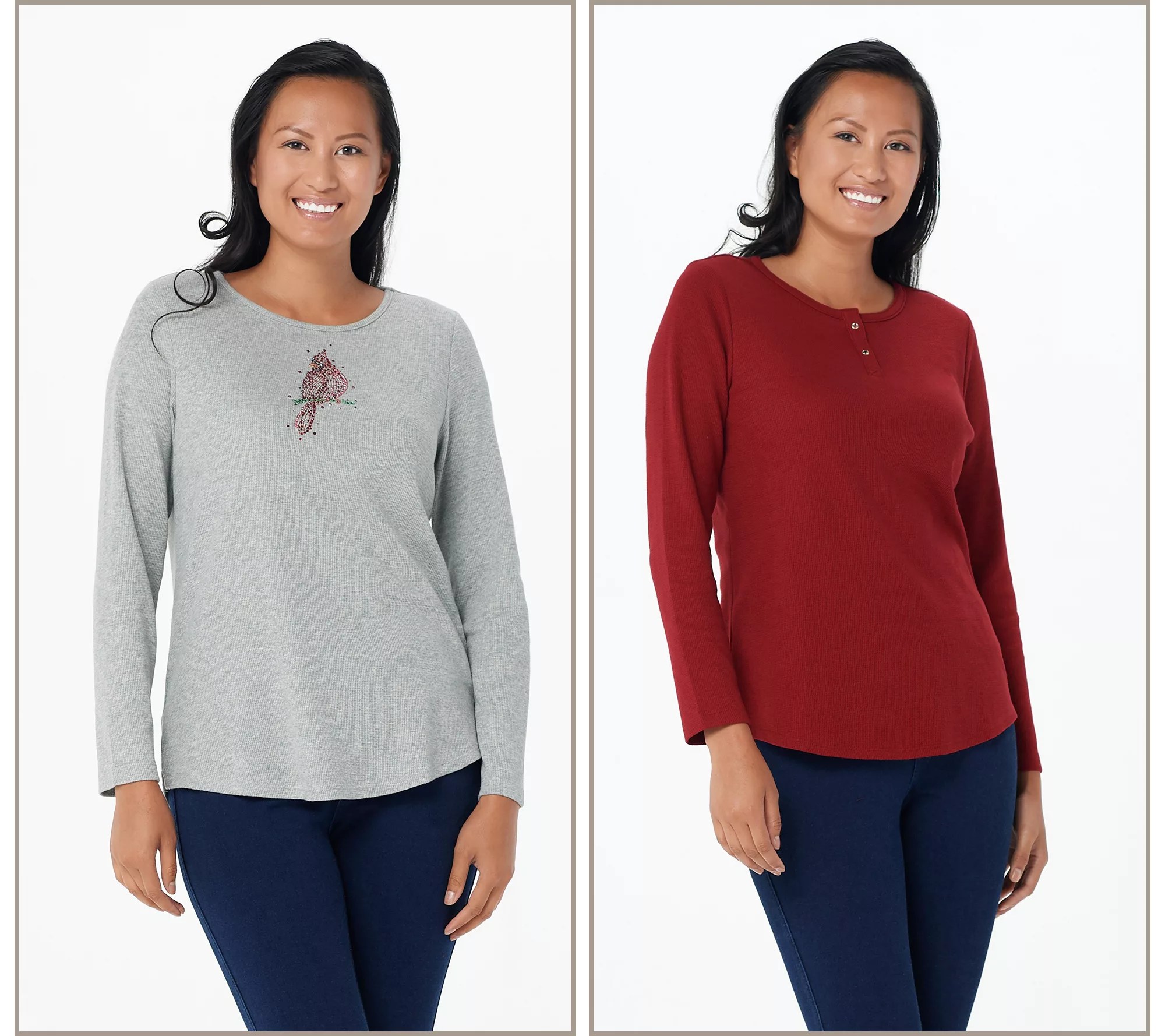 Quacker Factory Set of 2 Waffle Knit Sparkle & Shine LongSleeve Tops