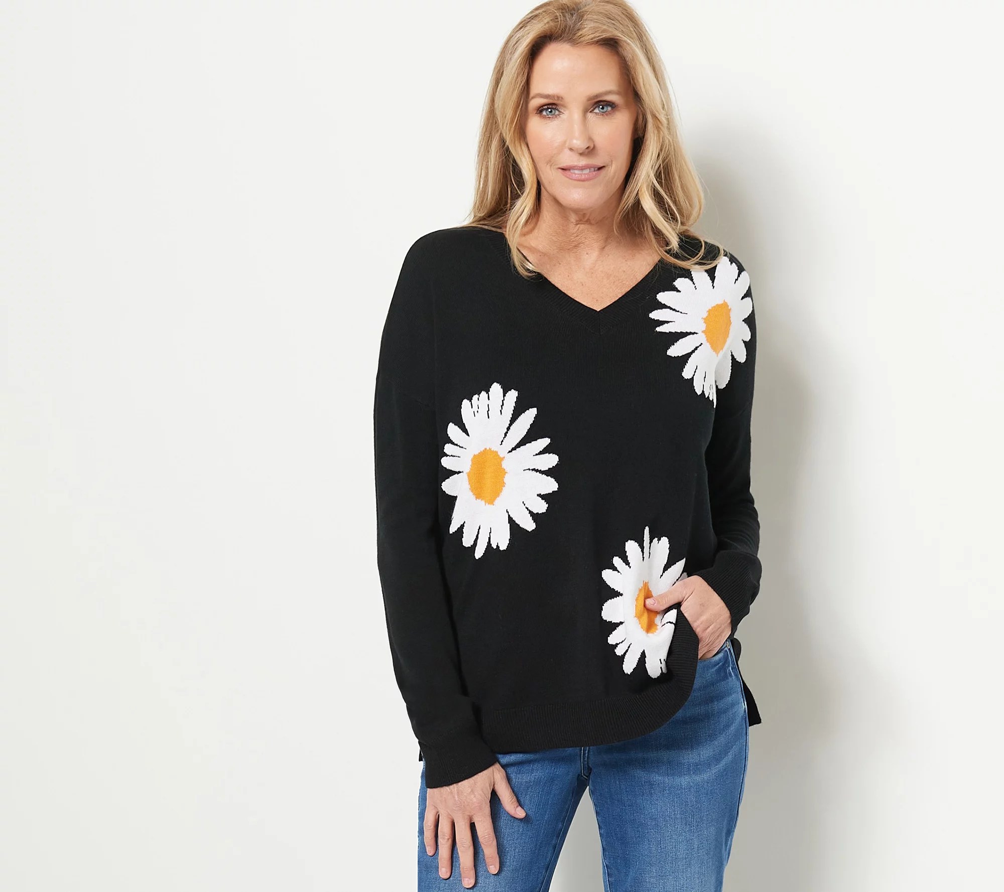 Laurie Felt Cashmere Blend Daisy Print Sweater
