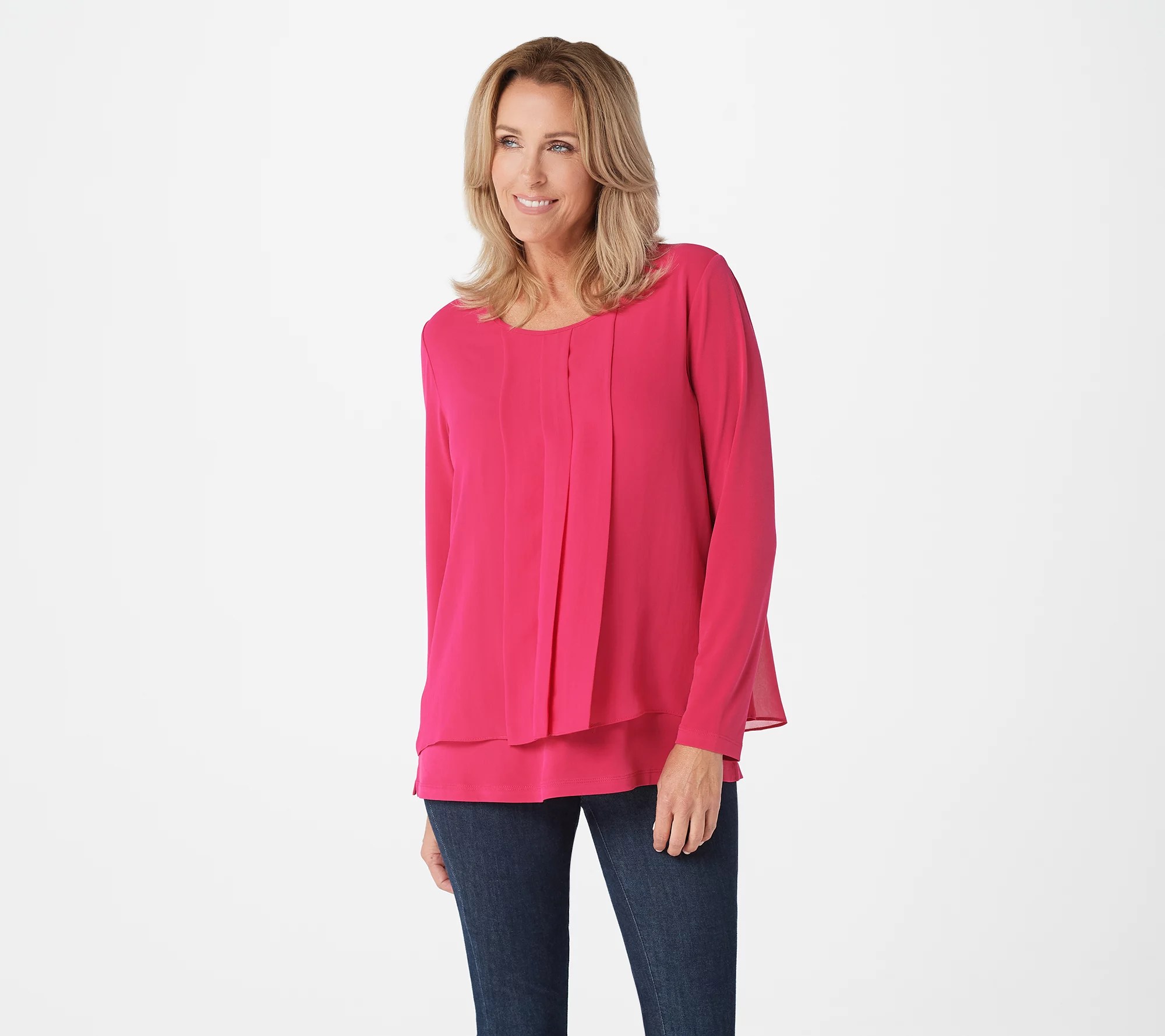 Susan Graver Liquid Knit Top with Chiffon Overlay Chiffon Overlay