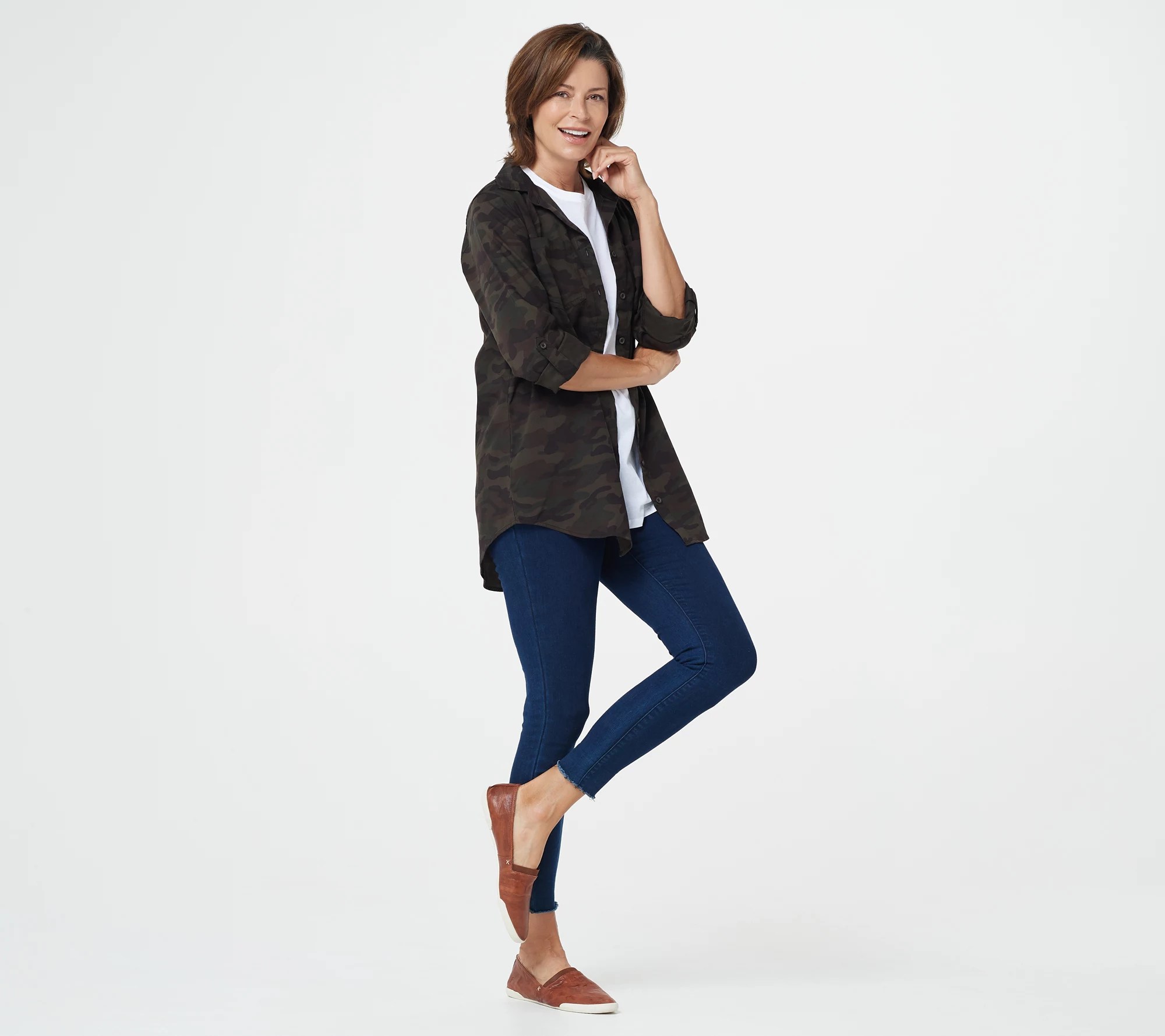 Side Stitch Button Front Tunic with RollTab Sleeve