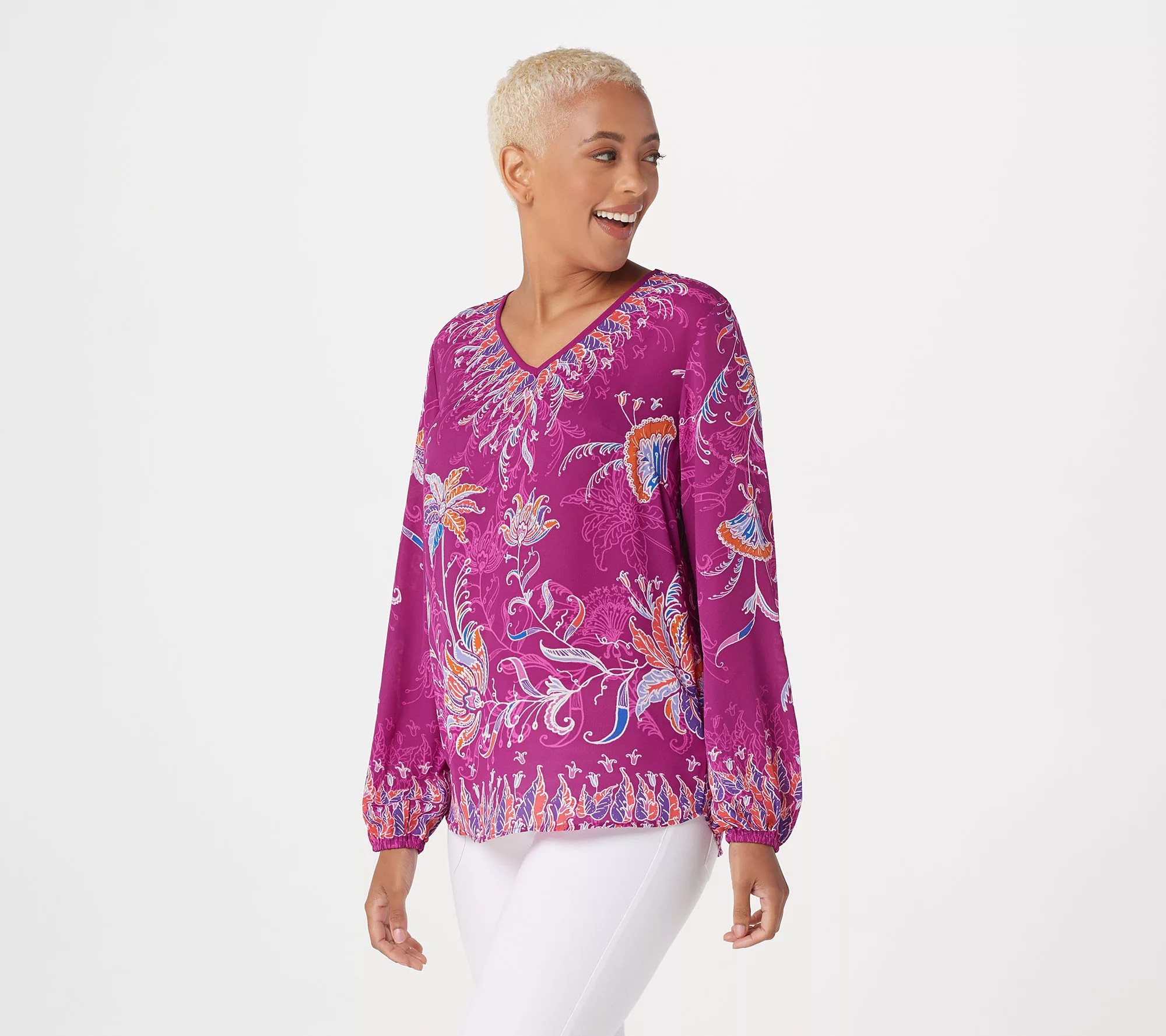 "As Is" Bob Mackie Vneck Floral Printed Woven Blouse