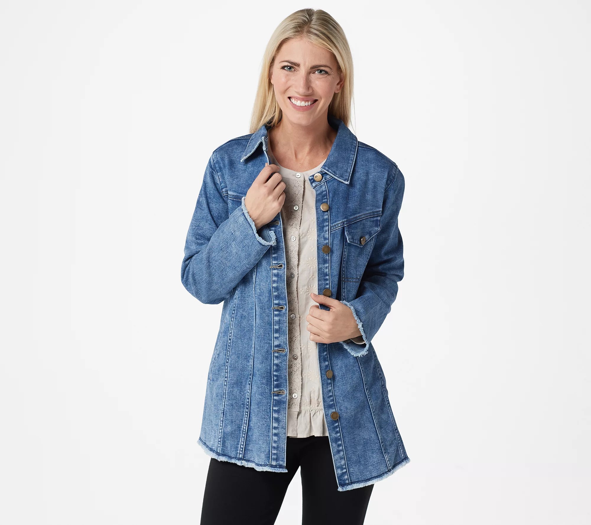LOGO by Lori Goldstein Denim Jacket with Fringe Hem