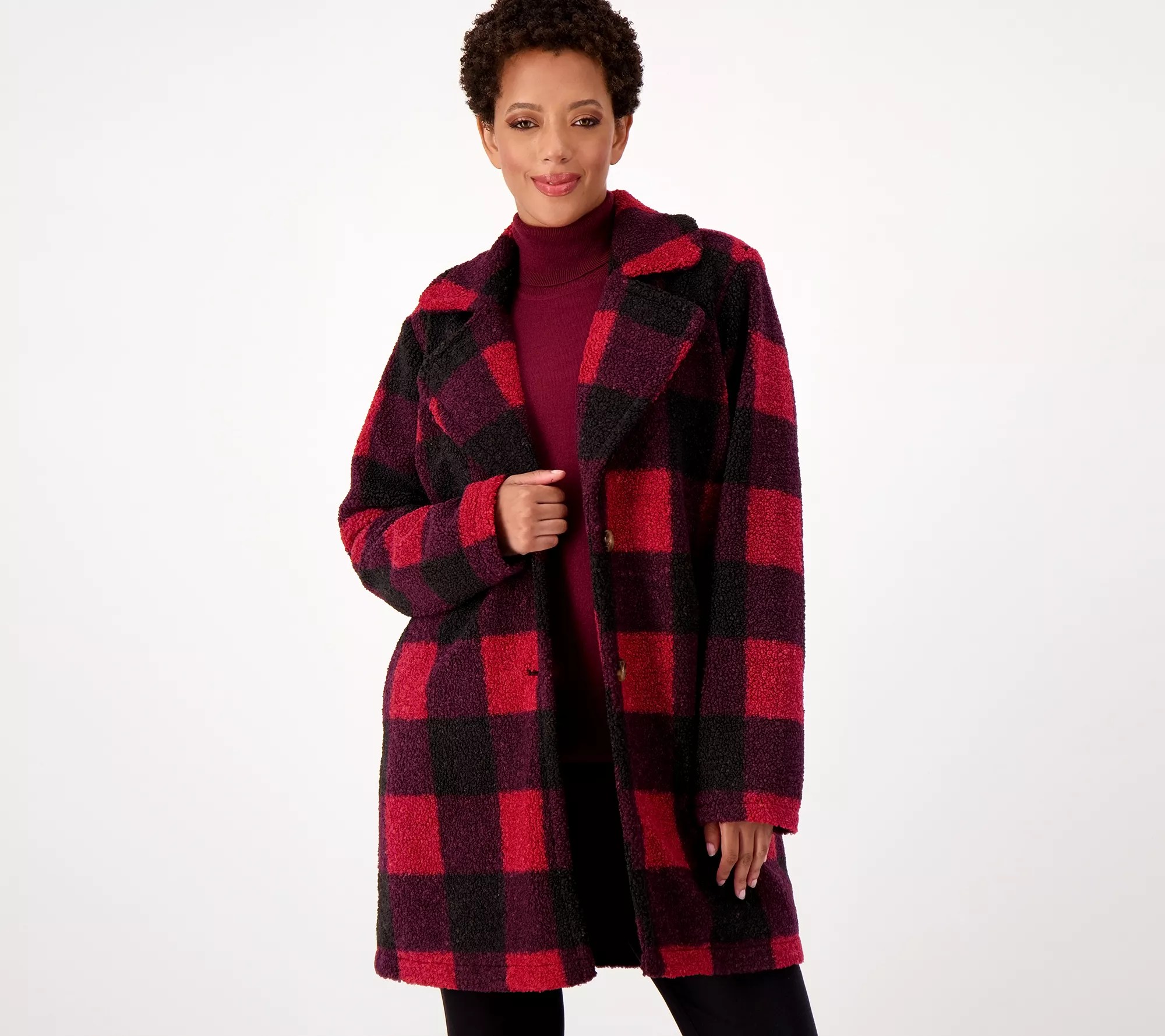 Joan Rivers Regular Buffalo Check Sherpa Teddy Coat