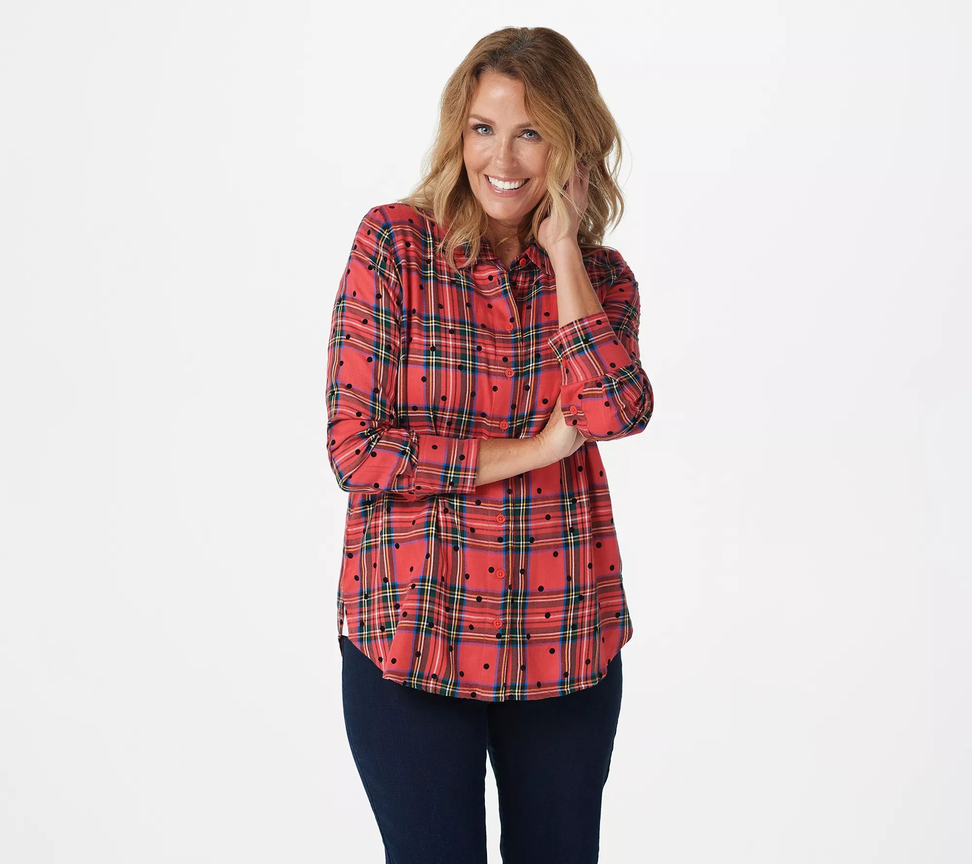 Denim & Co. Petite Plaid ButtonFront Big Shirt with Flocked Dots