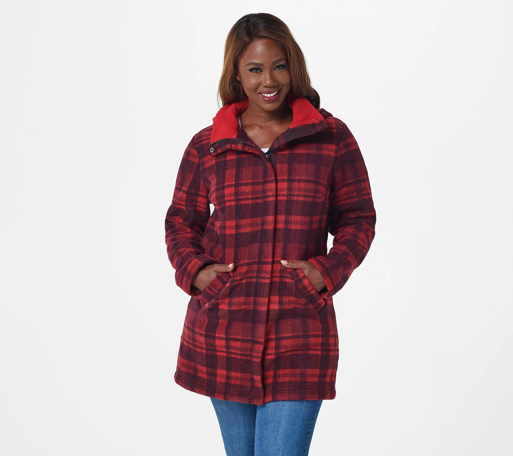 Denim & Co. Petite Fleece Bonded to Sherpa Coat w/ Detachable Hood