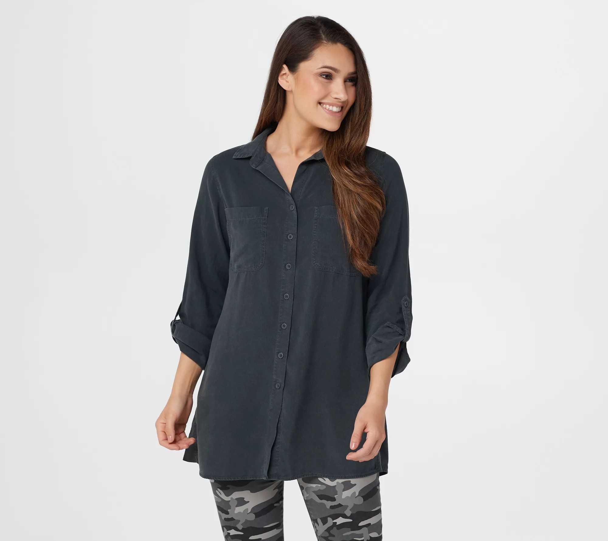 Side Stitch Button Front Curved Hem Tunic with RollTab Sleeve