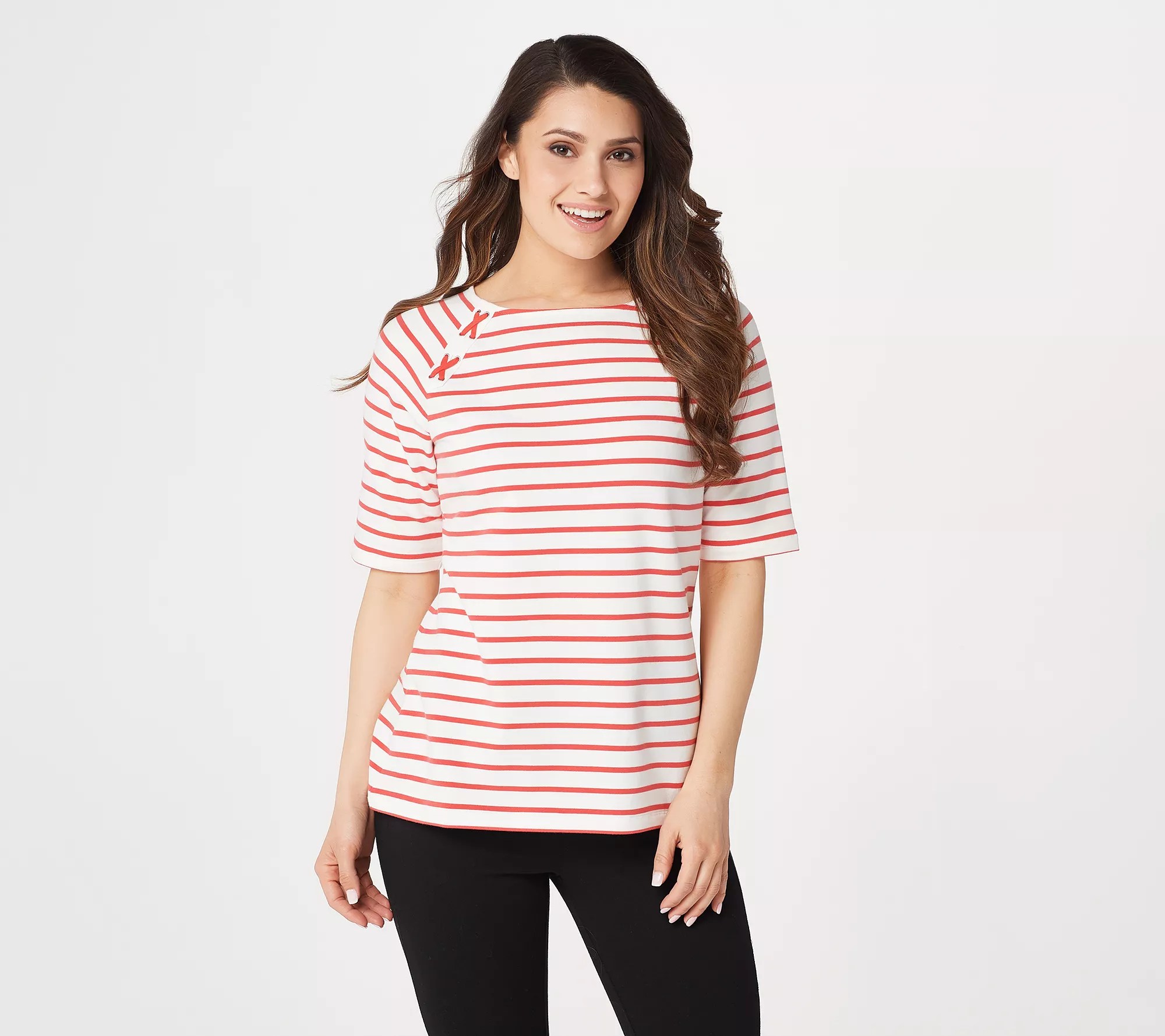 Denim & Co. Active ElbowSleeve French Terry Striped Top