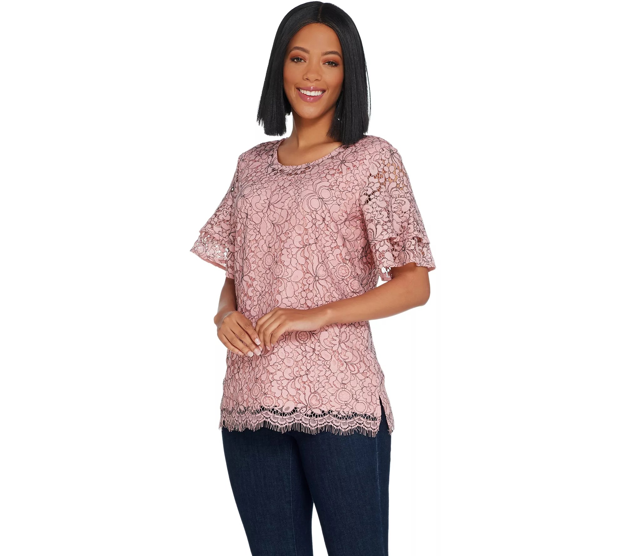 "As Is" Isaac Mizrahi Live! BiColor Floral Lace Ruffle Sleeve Top