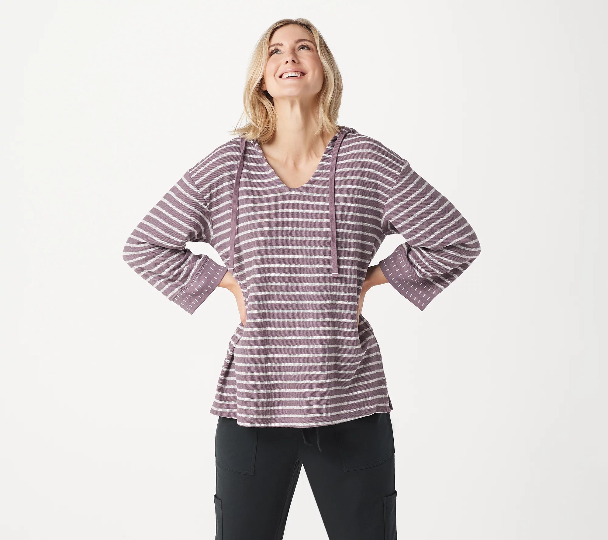 AnyBody Double Knit Striped Hoodie