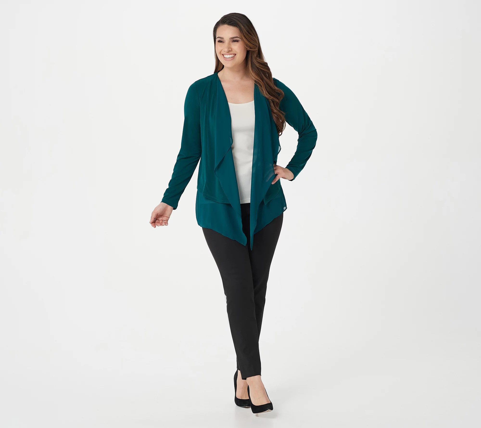 Susan Graver Liquid Knit OpenFront Cardigan with Chiffon Hem