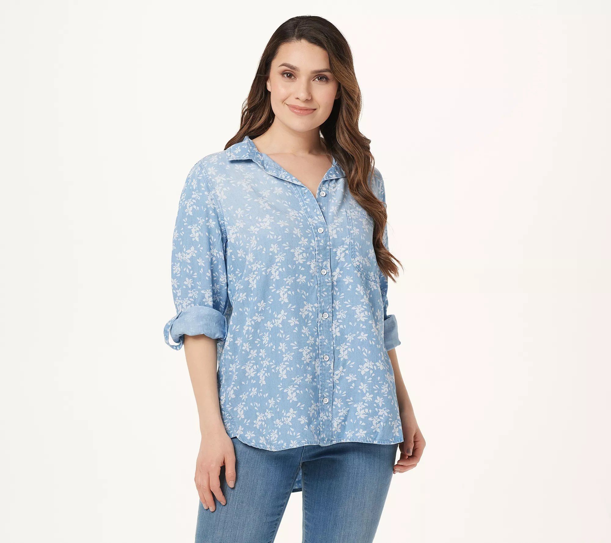 Side Stitch Petite Tencera Button Front Tunic with Shirt Tail Hem