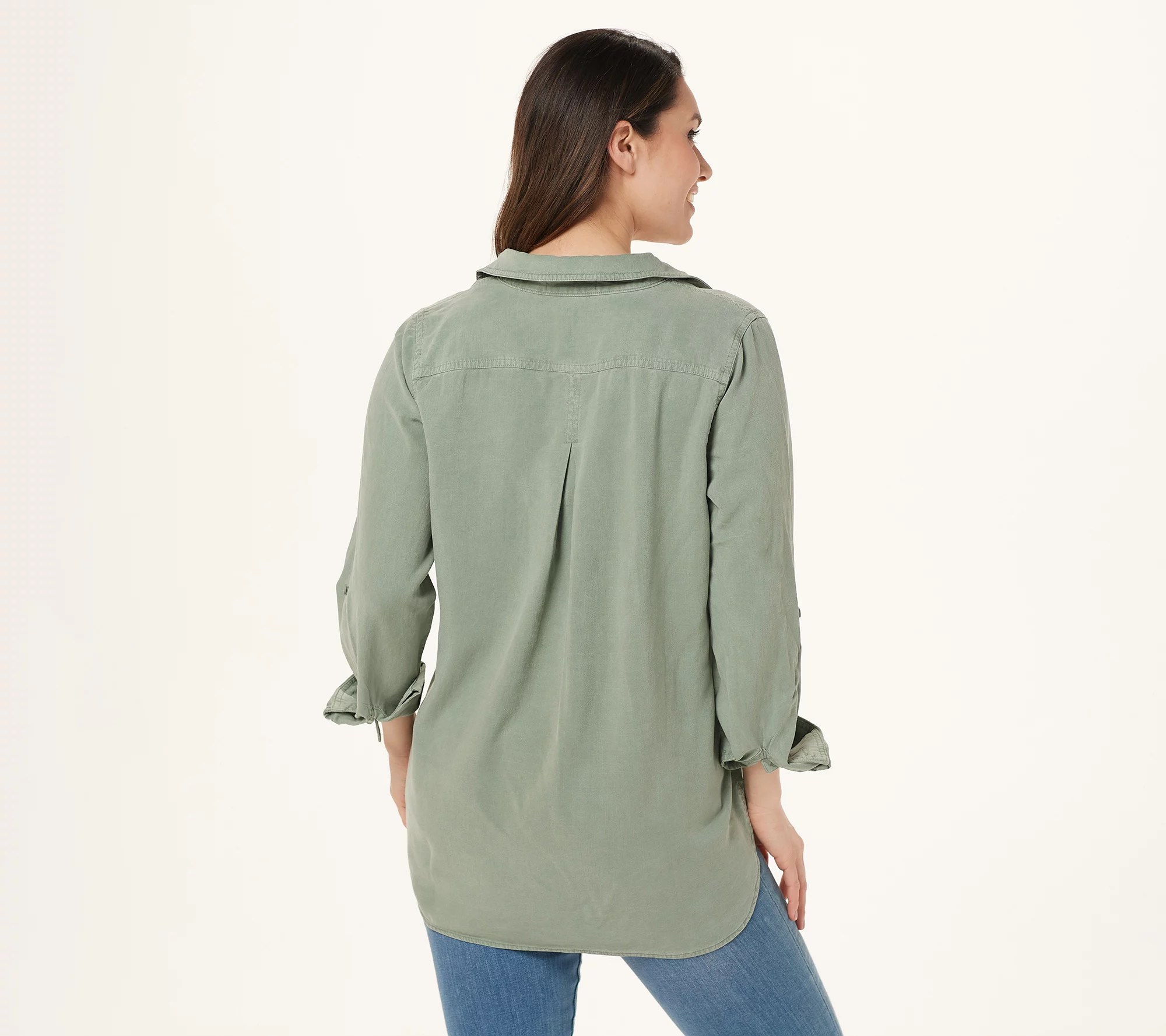 Side Stitch Petite Tencera Button Front Tunic with Shirt Tail Hem
