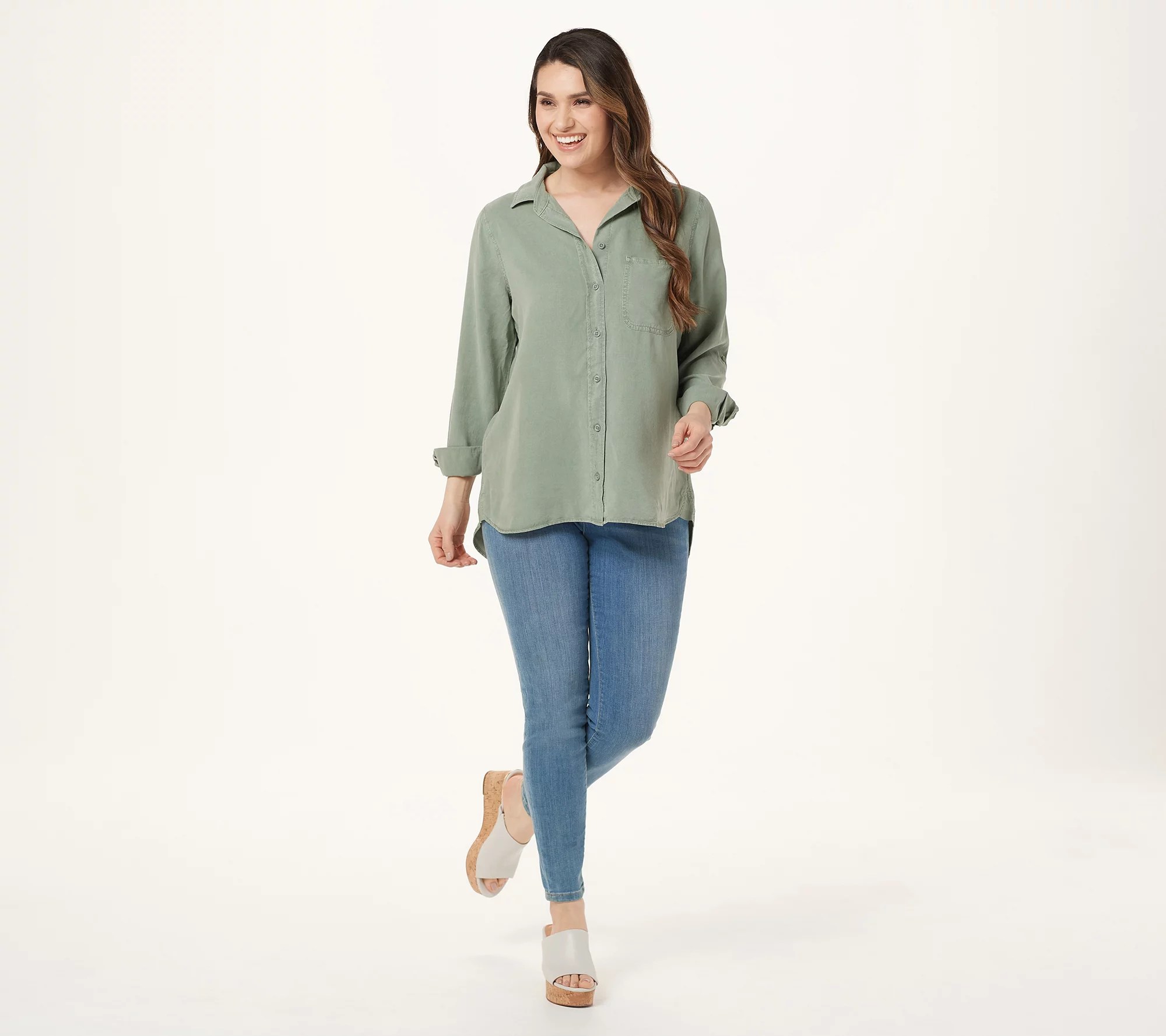 Side Stitch Petite Tencera Button Front Tunic with Shirt Tail Hem