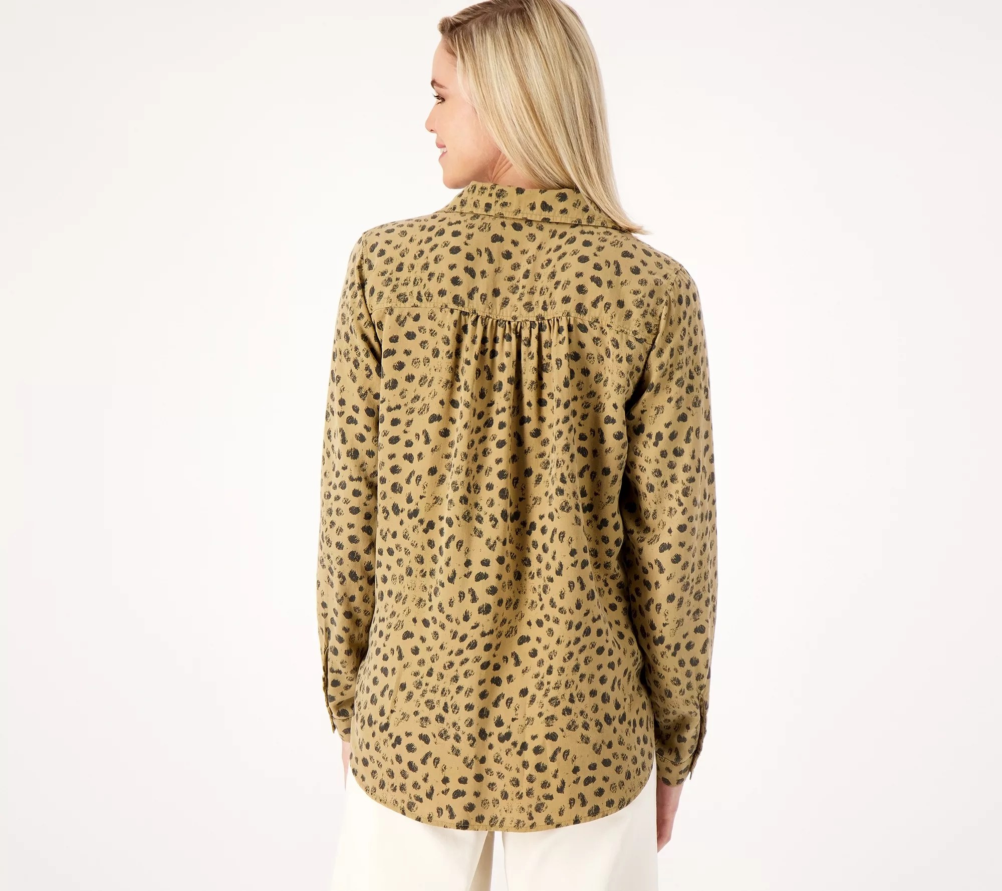 "As Is" Side Stitch Printed Button Down Top with Rounded Hem